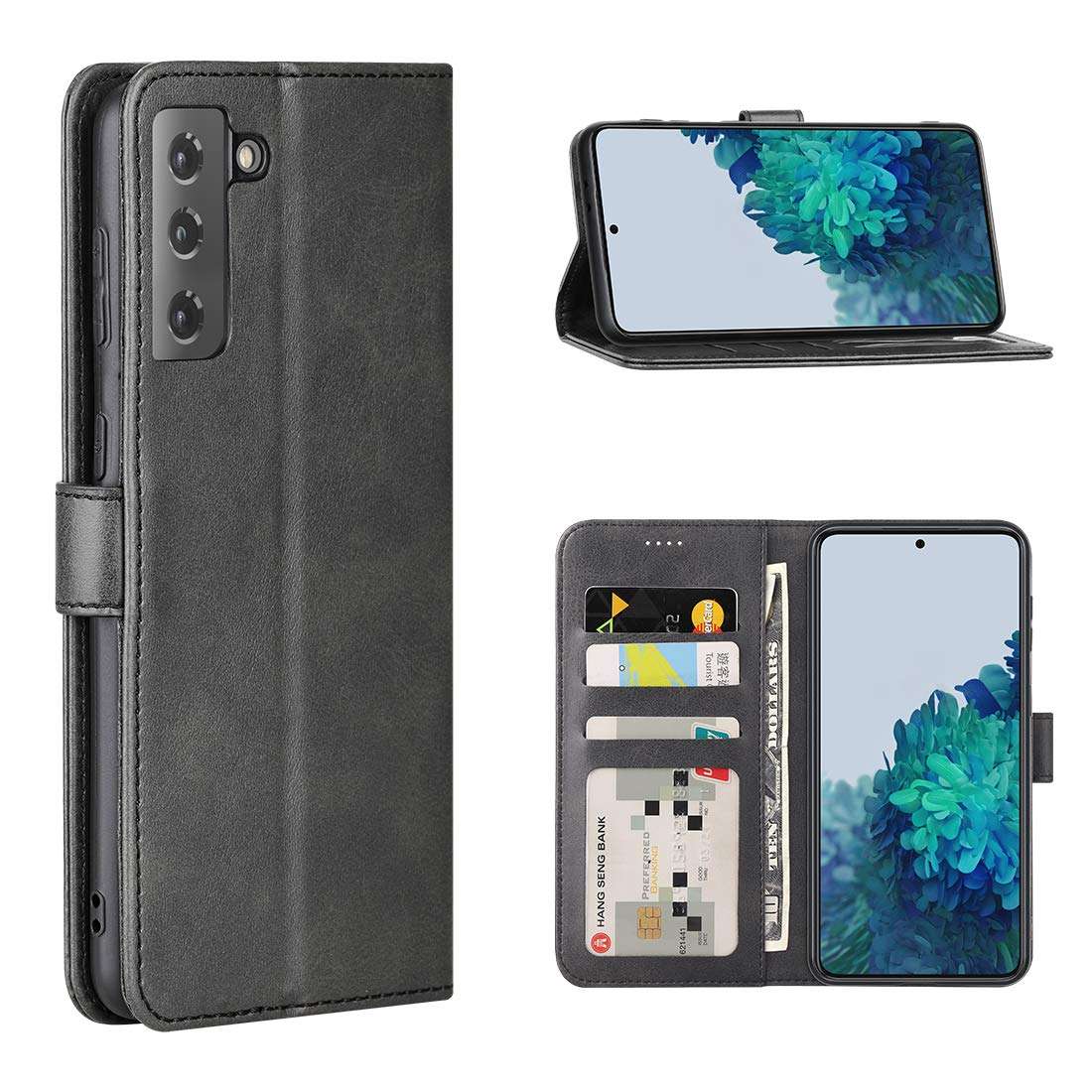 DDJ case for Samsung Galaxy S21 Plus 5G 2021,Cover Flip TPU&PU Leather Case with Kickstand, Multi-Function Magnetic Suction Strong Closure Wallet Phone Case for Galaxy S21 Plus 5G (Black)