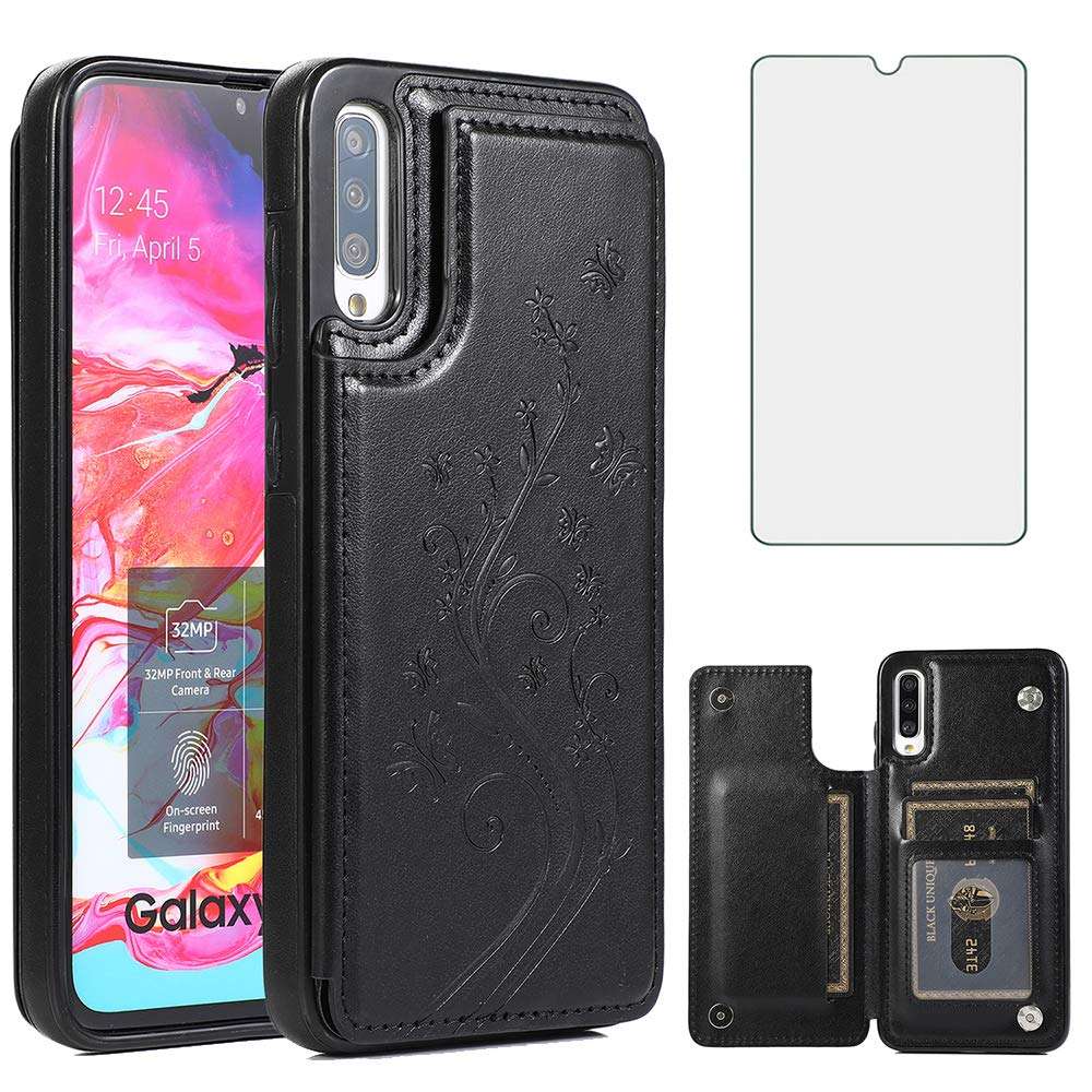 Phone Case for Samsung Galaxy A70 A70S with Tempered Glass Screen Protector and Card Holder Wallet Cover Stand Flip Leather Cell Accessories Glaxay A 70 70s Gaxaly 70A 2019 Cases Women Girls Purple