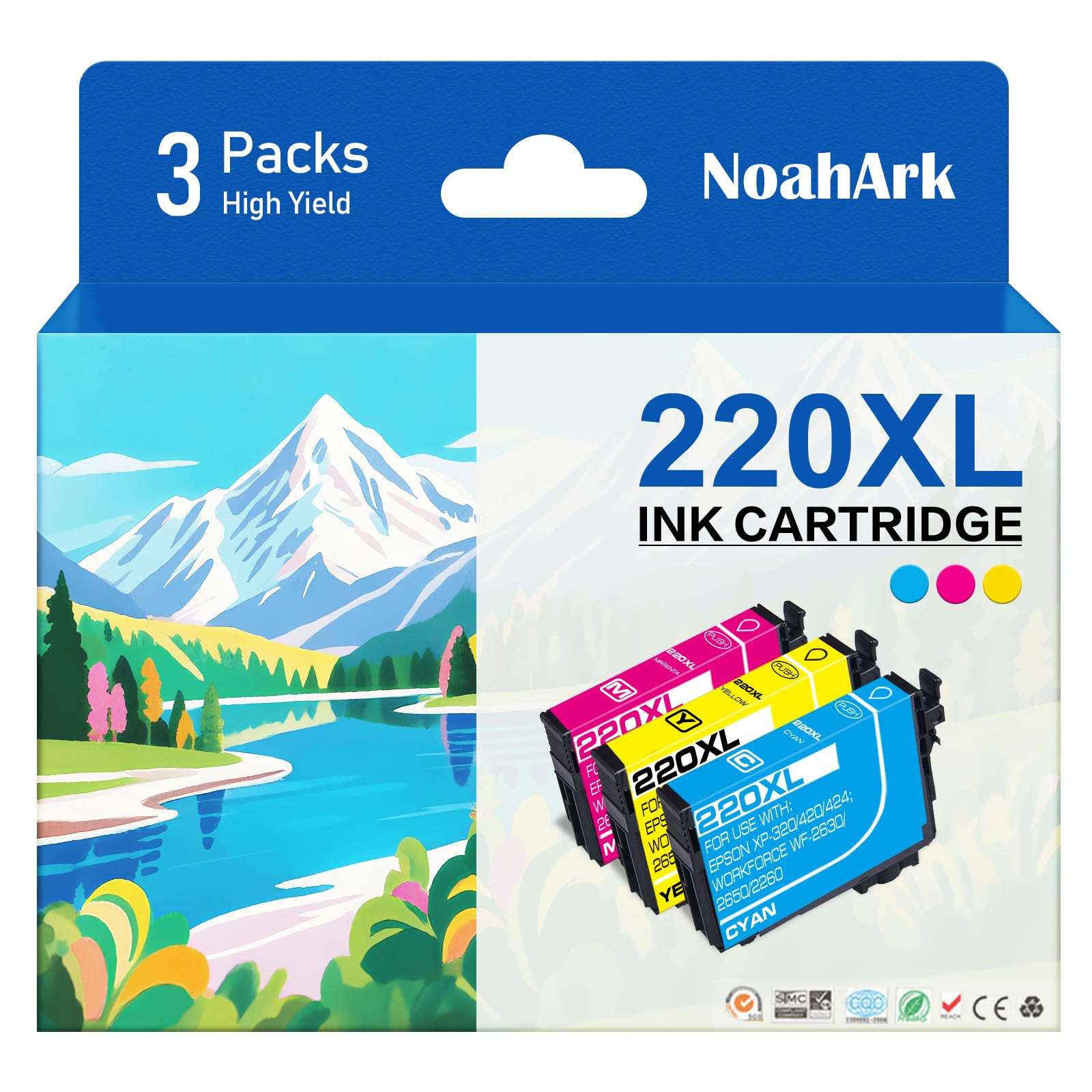 NoahArk 3 Packs 220XL Remanufactured Ink Cartridge Replacement for Epson 220 XL T220XL High Yield for Workforce WF-2760 WF-2750 WF-2630 WF-2650 WF-2660 XP-320 XP-420 Printer (Cyan/Magenta/Yellow)