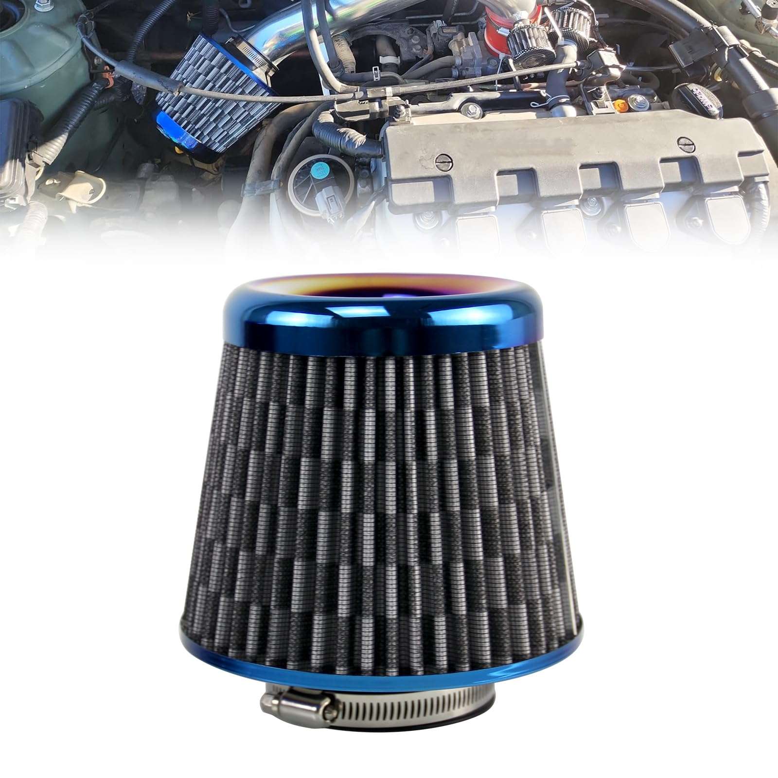 RULLINE 76mm 3" High Flow Round Tapered Cone Cool Air Filter Clamp-On Air Intake Filter Washable Replacement Air Filter Blue Burning Process Carbon Style
