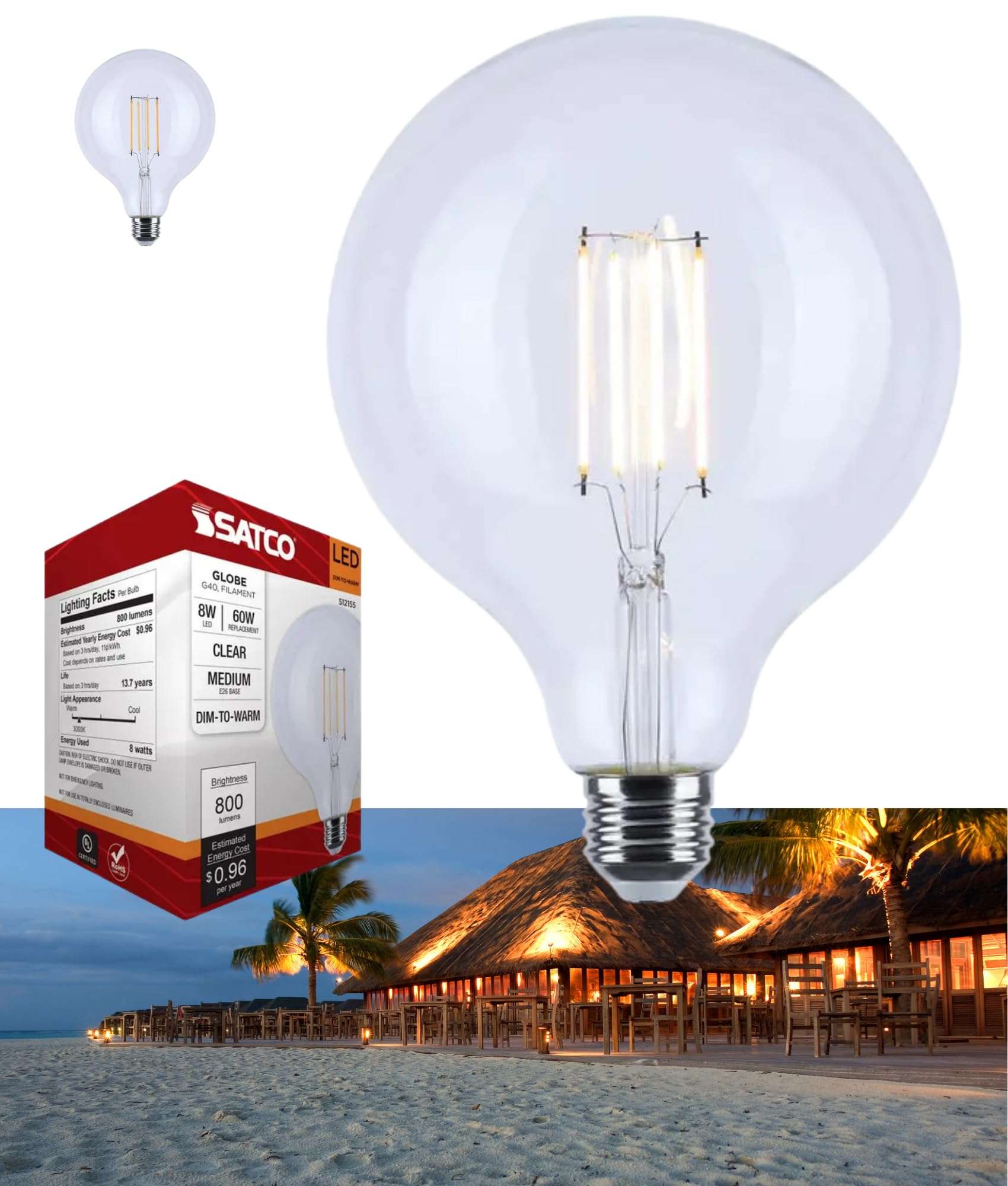 Satco S12155 8W LED G40 Globe Bulb, Warm Dimming 3000K-2000K, 800 Lumens, 90 CRI, 60W Replacement, Clear Glass, E26 Medium Base, Enclosed Fixture Rated, Dimmable, 120 Volt