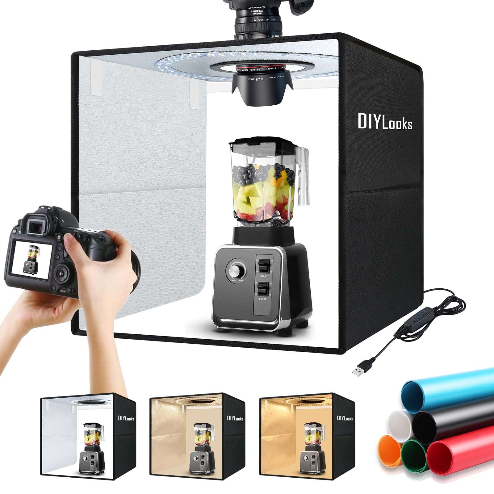 DIYLooks 16x16x16 Inch Portable Folding Photo Studio Box with Dimmable Ring Light (224 LEDs, CRI>95, 3200-6500K) & 6 Backdrops for Product Photography, YouTube Videos, Smartphone