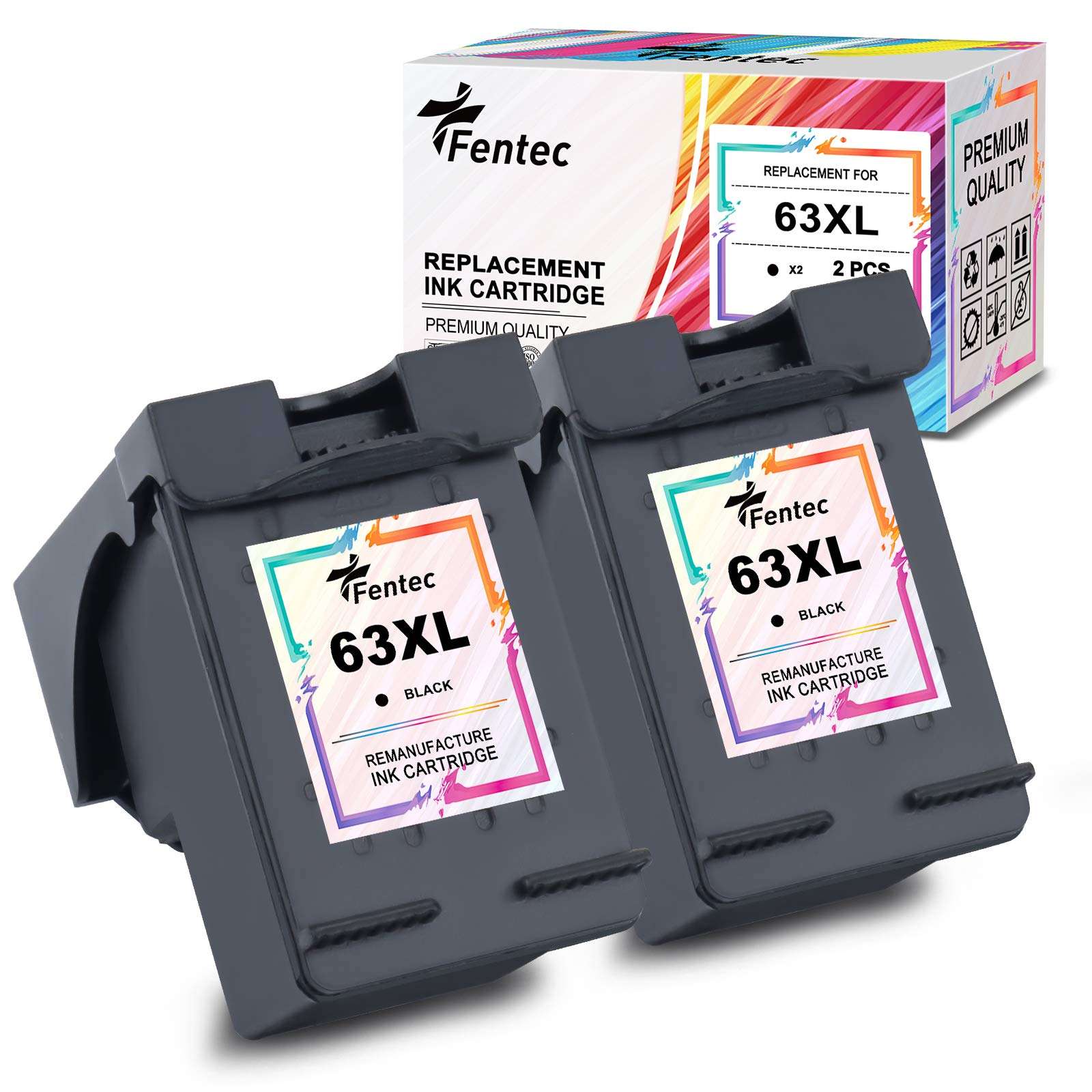 Fentec 63XL Remanufactured Replacement for HP 63 XL Ink Cartridges Work for HP OfficeJet 3830 5255 Envy 4520 4512 4513 4516 Deskjet 1112 3632 3634 3639 2130 Printer (2 Black)