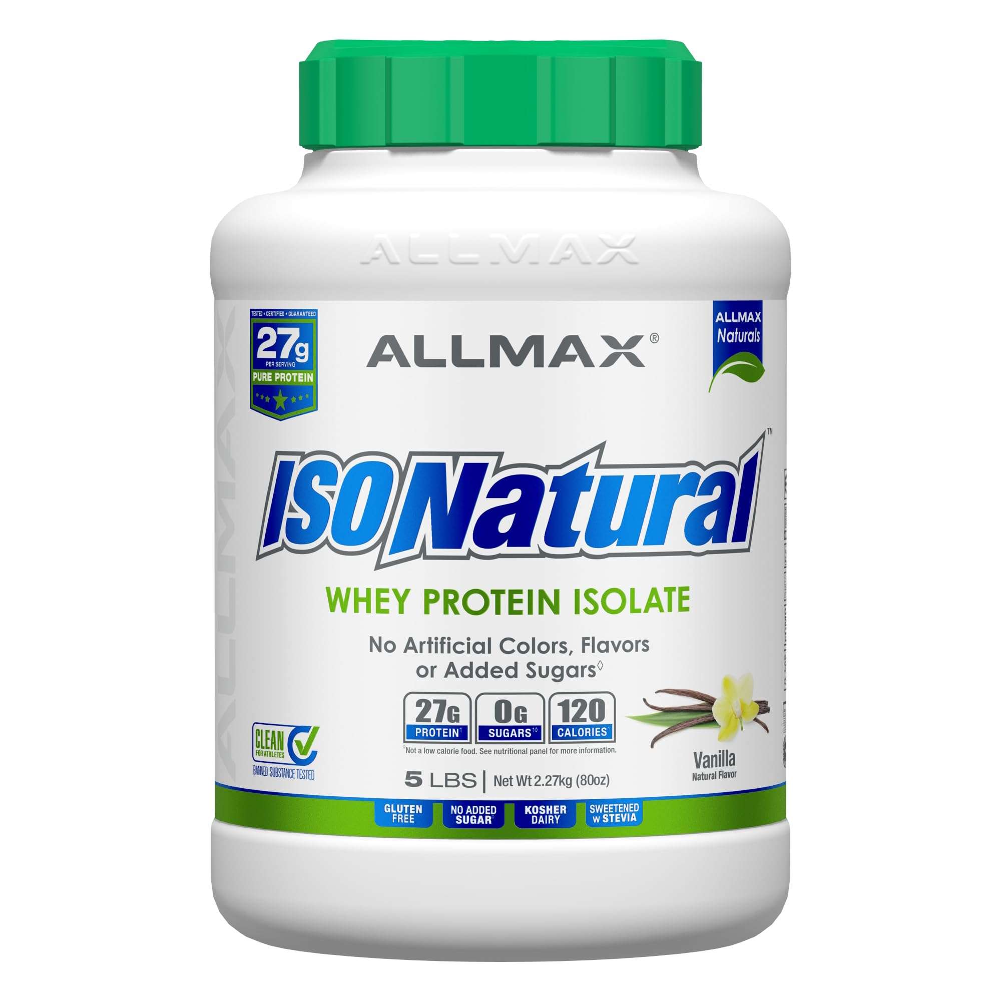 ALLMAX ISONATURAL Whey Protein Isolate, Vanilla - 5 lb - 27 Grams of Protein Per Scoop - Zero Fat & Sugar - 99% Lactose Free - with Prebiotics - No Artificial Flavors - Approx. 73 Servings