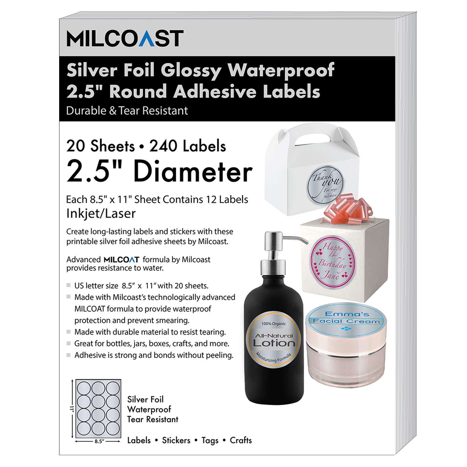 Milcoast Silver Foil Glossy Waterproof Tear Resistant Blank Adhesive 2.5" Round Circle Shaped Labels - for Inkjet/Laser Printers - 240 Labels (20 Sheets)