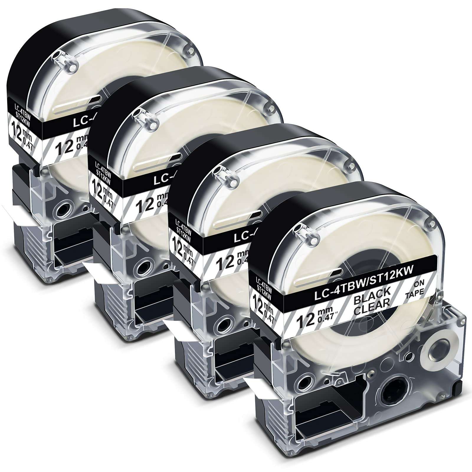 Pristar Compatible Label Tape Replacement for LC-4TBN LK-4TBN ST12KW 12mm 1/2 Inch Black on Clear Refills Label Tape Cartridge for Epson LabelWorks LW300 LW400 LW600P LW700 LW-900P Label Maker, 4-Pack