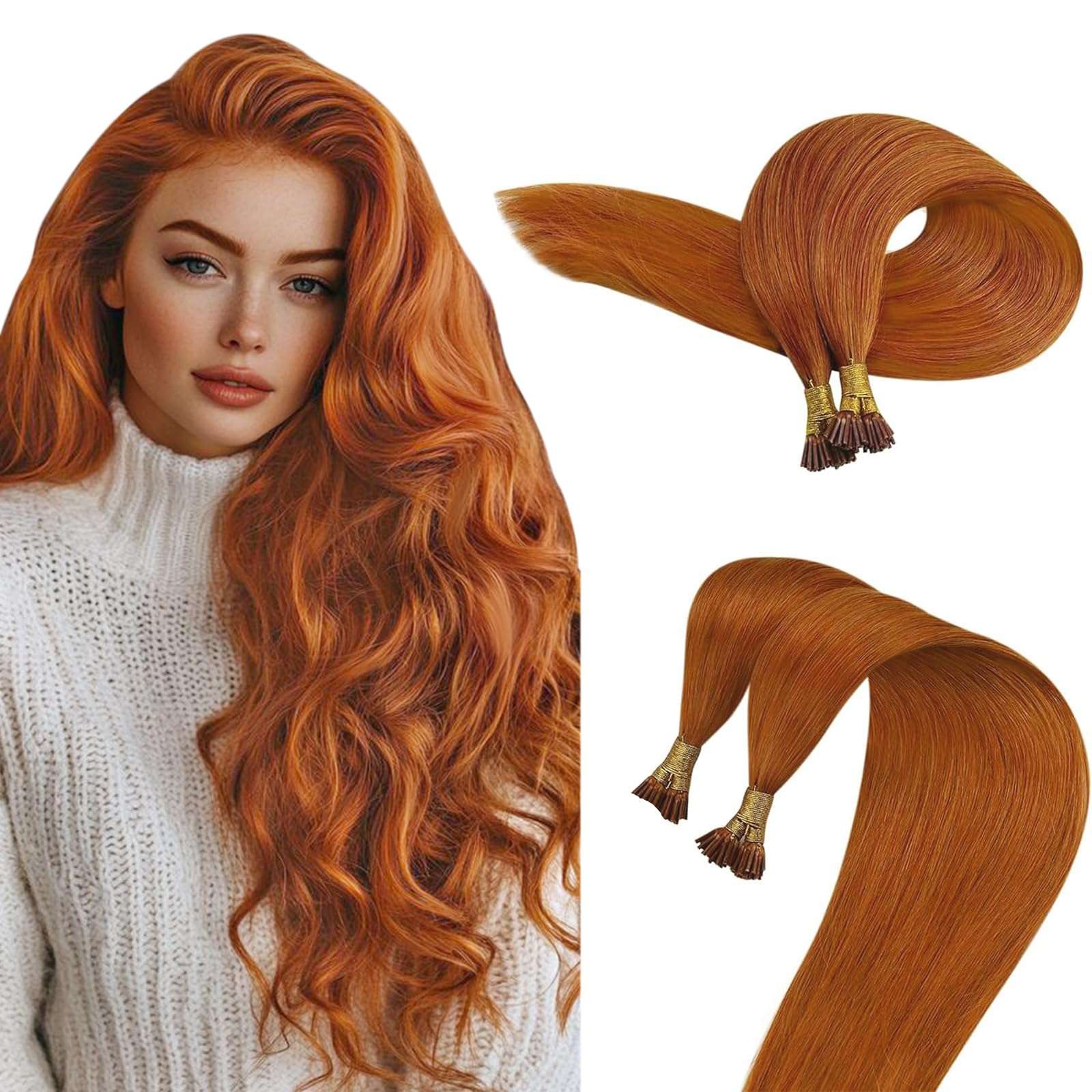 Sunny Hair 50g 100s Sunny I Tip Hair Extensions Human Hair Copper Itip Human Hair Extensions for Women Copper I Tips Hair Extensions Cold Fusion I Tip Real Human Hair Extensions Colorful 14inch