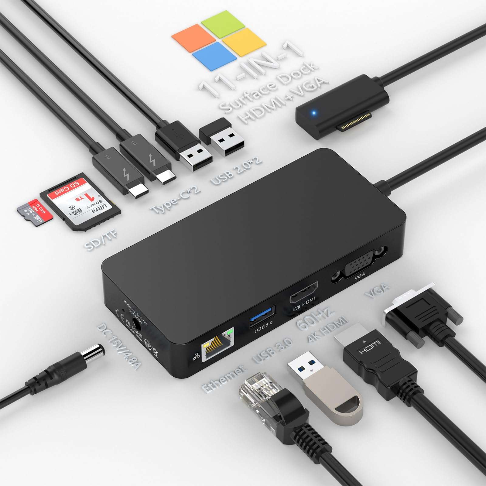 Microsoft Surface Dock - 11 in 1 Surface Docking Station with 4K@60HZ HDMI+VGA, Surface Pro Docking Station Power Supply for Surface Pro 11/10/9/8/X/7/6/5/4/3, Laptop Go, Laptop 6-1,Surface Book 3/2/1