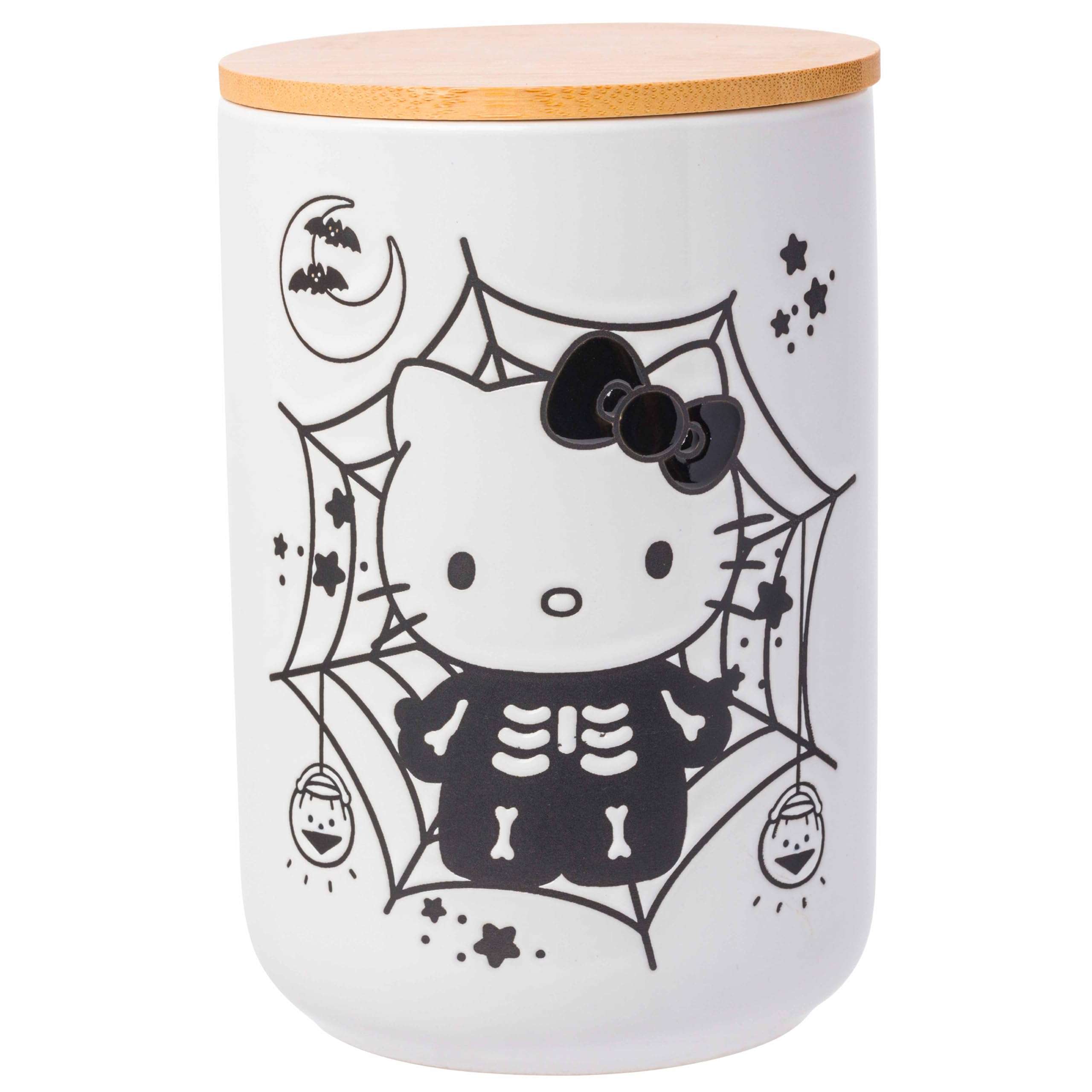 Silver Buffalo Sanrio Hello Kitty Halloween Spooky Skeleton Web Ceramic Cookie Snack Candy Jar with Airtight Bamboo Lid, Black and White (Small)