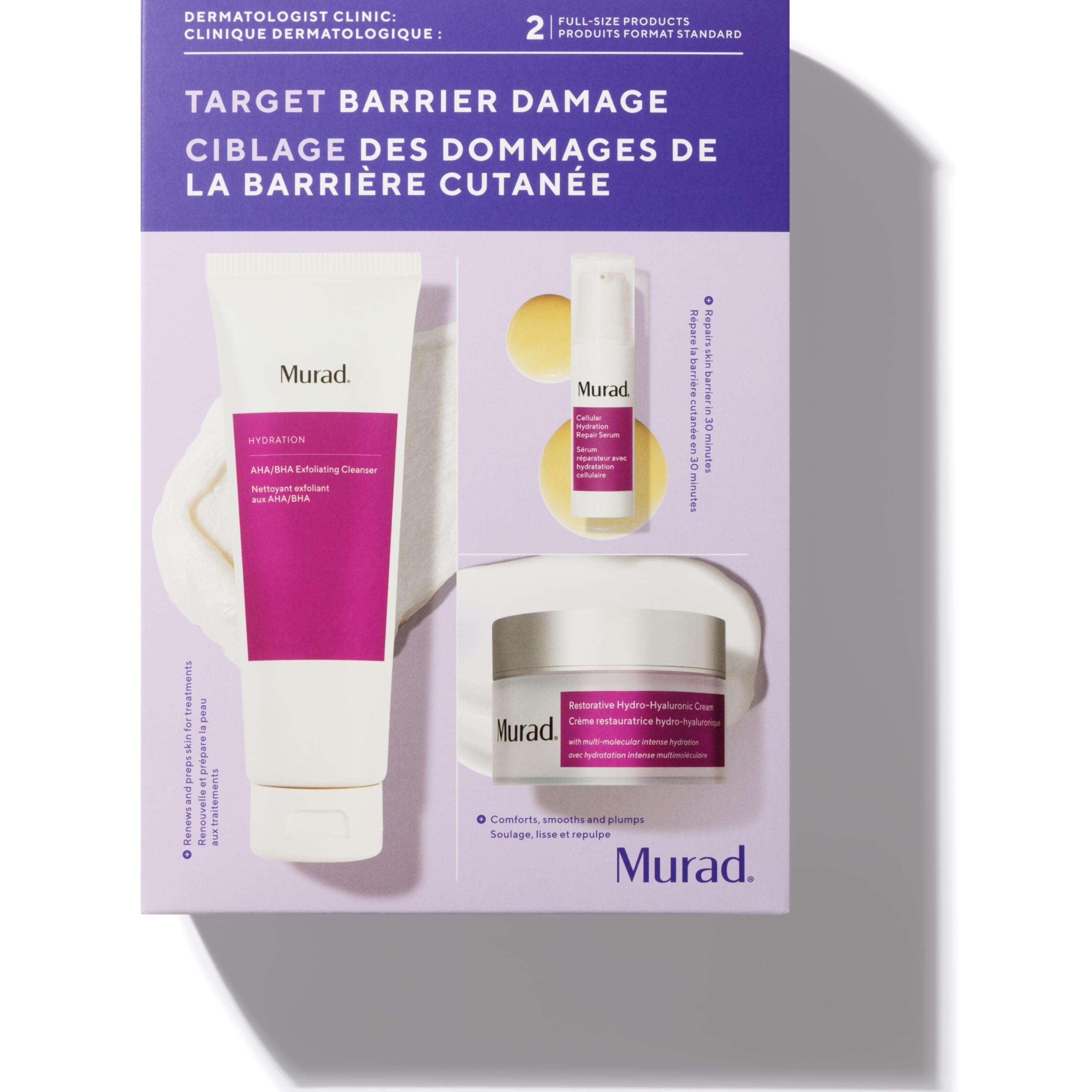Murad Target Barrier Damage (3 Piece Value Set) - AHA/BHA Cleanser, Hyaluronic Cream Moisturizer, Cellular Hydration Serum - Regimen for Exfoliating, Moisturizing, and Repairing Skin Barrier