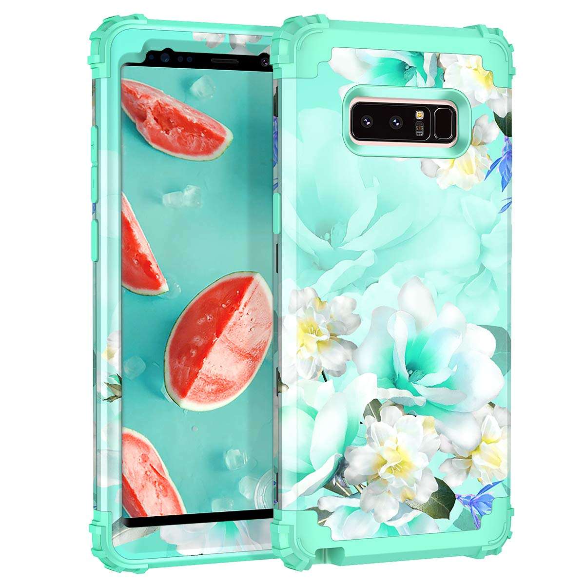 Casetego Compatible with Galaxy Note 8 Case,Floral Three Layer Heavy Duty Hybrid Sturdy Shockproof Full Body Protective Cover Case for Samsung Galaxy Note 8,Green/White