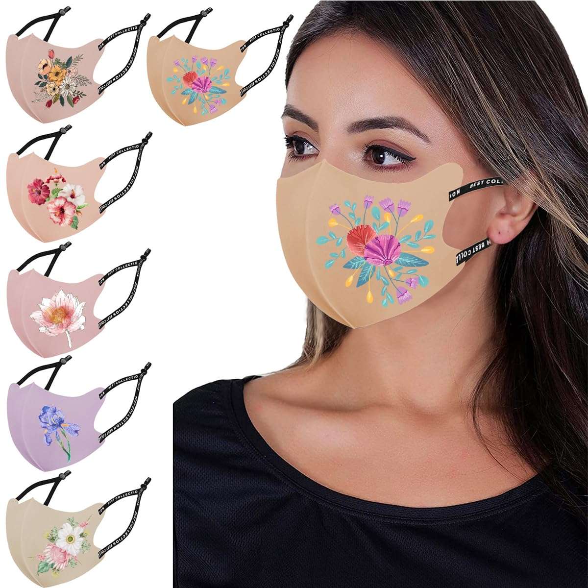 OMG Decor Reusable and Washable Face Masks,Adjustable Ice Silk Cloth Mask,Beautiful Flower Pattern Cloth Face Mask,Pack of 6,S2