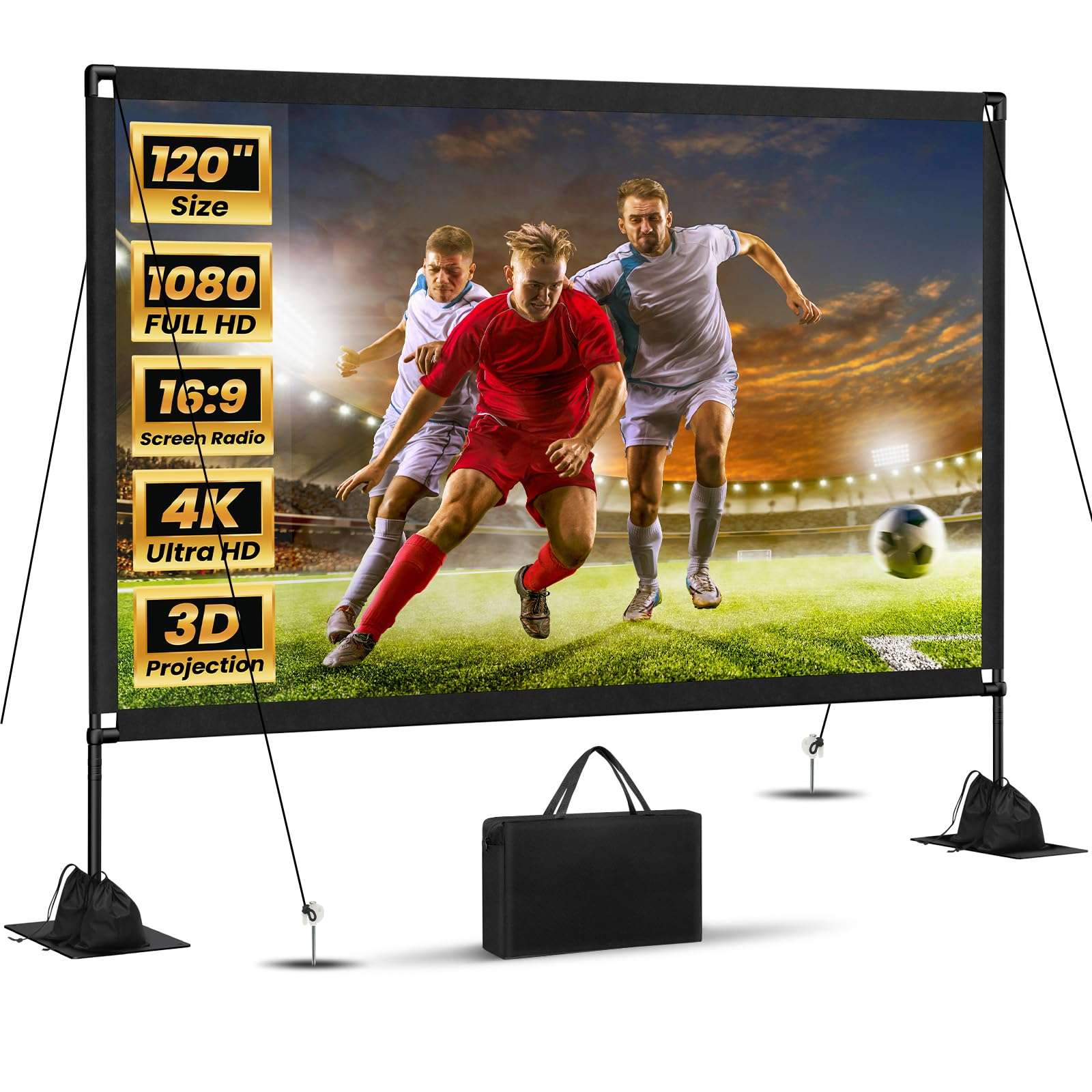 120inch Outdoor Projector Screen with Stand: 16:9 4K HD Portable Projector Screen Outdoor Indoor - Front/Rear Movie Screen with Carry Bag, Sandbag - Projection Screen for Backyard, Camping, Theater