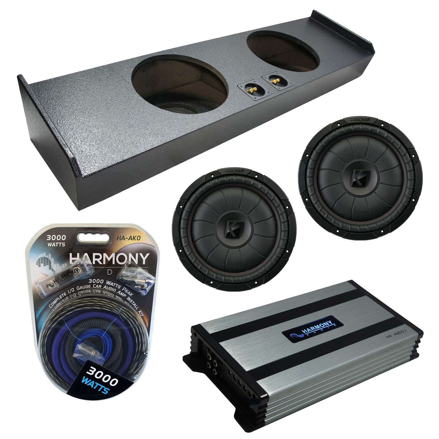 Compatible with 2009-2020 Ford F-150 Super Crew Truck Kicker Bundle CompVT CVT12 Dual 12" Rhino Coated Sub Box Enclosure & Harmony HA-A800.1 Amp
