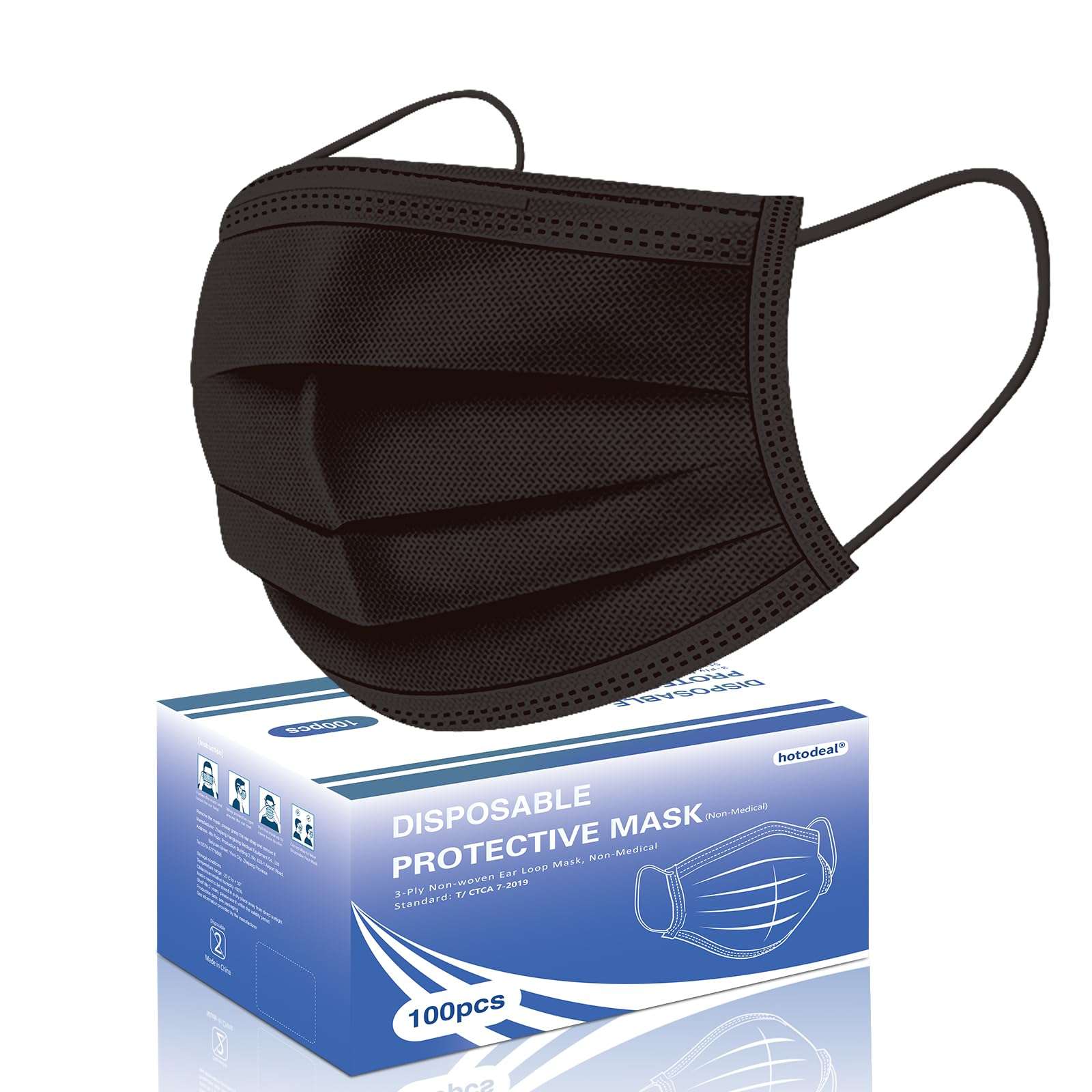 Hotodeal Disposable Face Masks, Lightweight Breathable Facial Masks for Adult, Men, Women, Indoor, Outdoor Use 100 Pcs (Black)