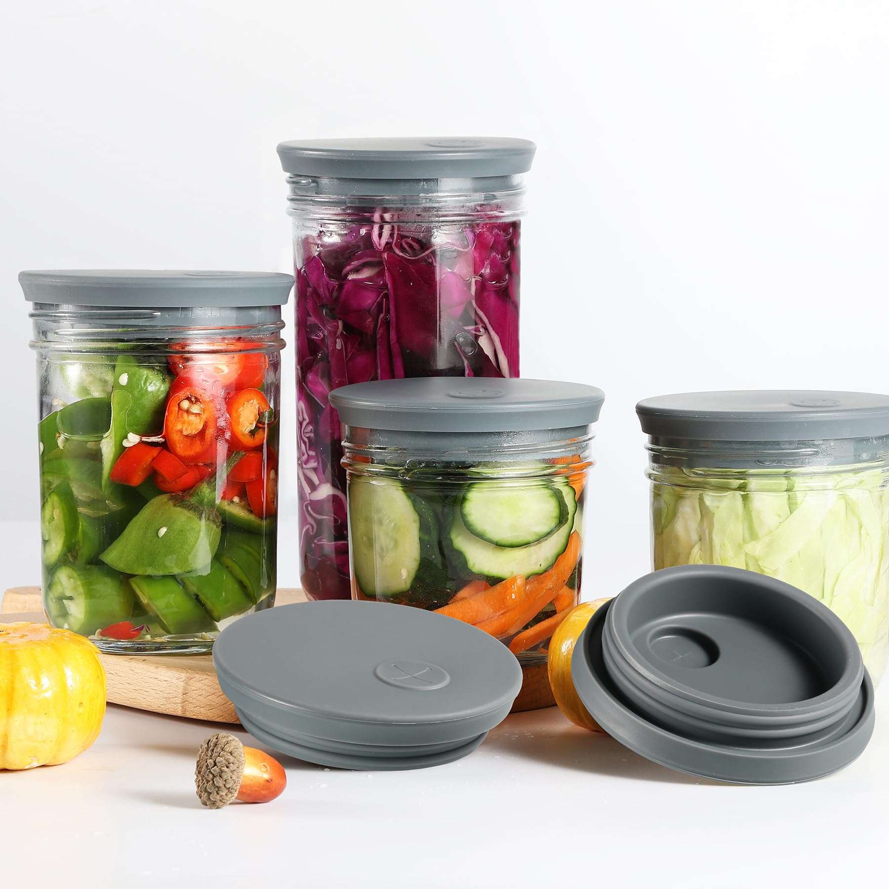 Silicone Fermentation Lids for Wide Mouth Mason Jars, 2-Pack Waterless Silicone Fermentation Air Lock Fermenting Jar Lid for Kimchi, Sauerkraut & Fermented Pickles, Dishwasher Safe & Easy Cleaning