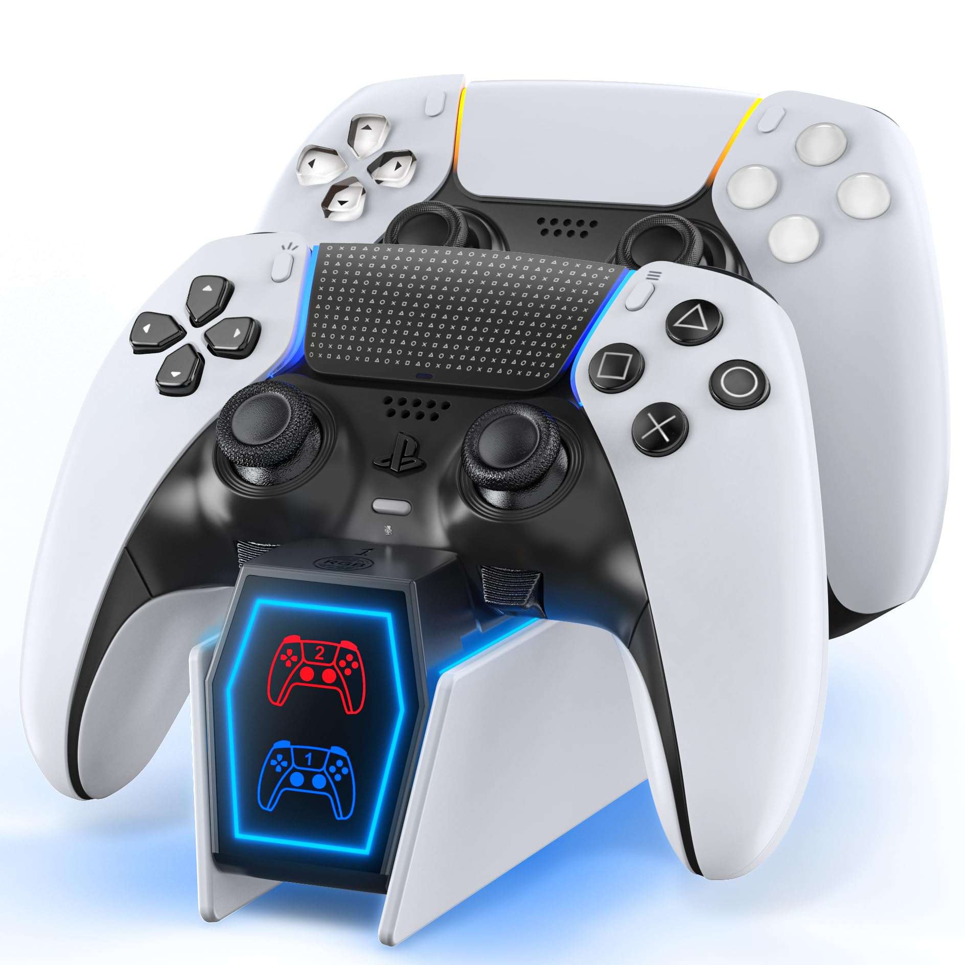 PS5 Controller Charging Station with 9 RGB LED Lights, PS5 Charger Station Compatible with PlayStation Console Skin Original & Edge Controller, PS5 Controller Accessories Charging Dock Stand