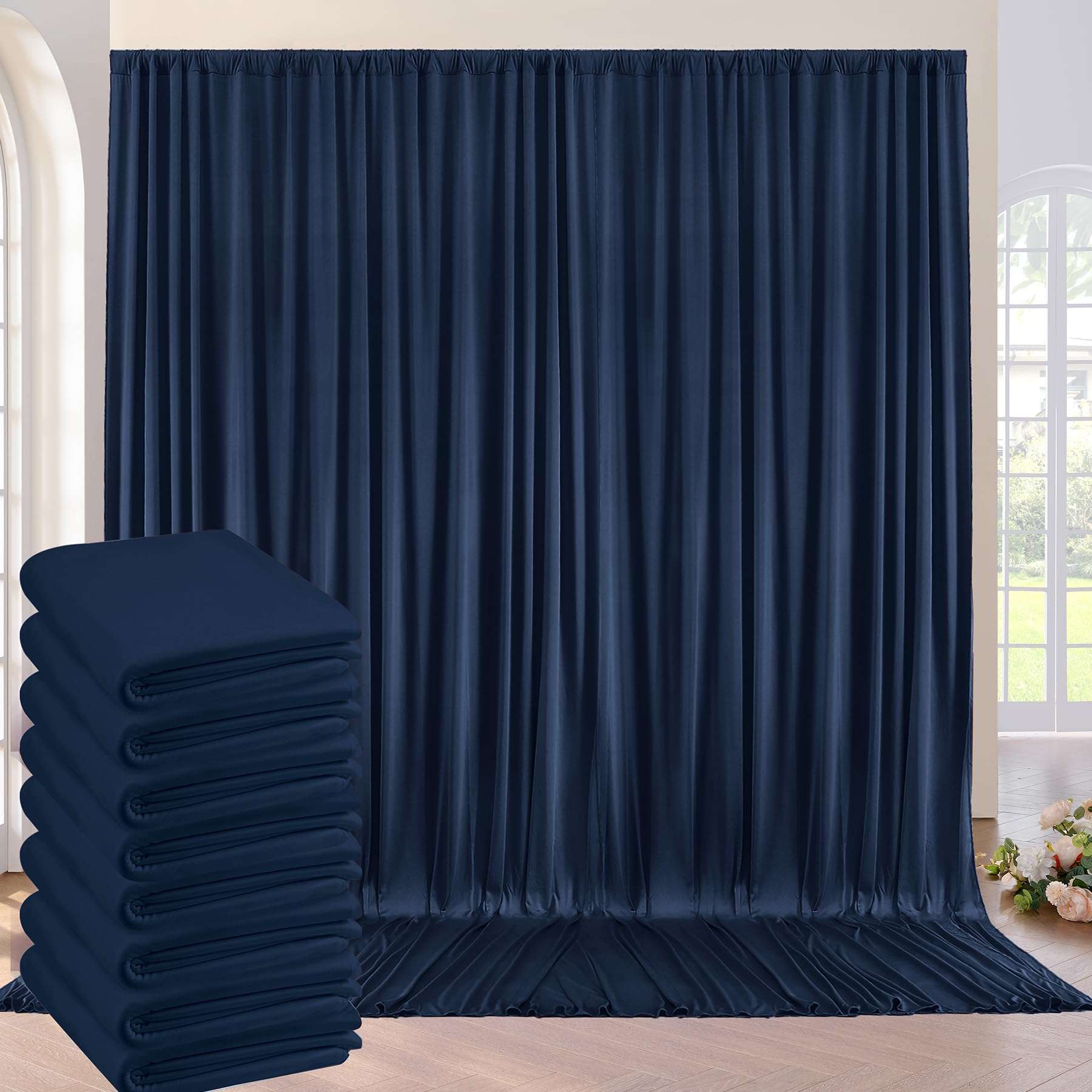 40ft×10ft Navy Blue Wrinkle Free Backdrop Curtains for Parties, 8 Panels 5×10ft Thick Silky Polyester Navy Photo Backdrop Drapes Curtains for Graduation Party Birthday Baby Shower Wedding Photography