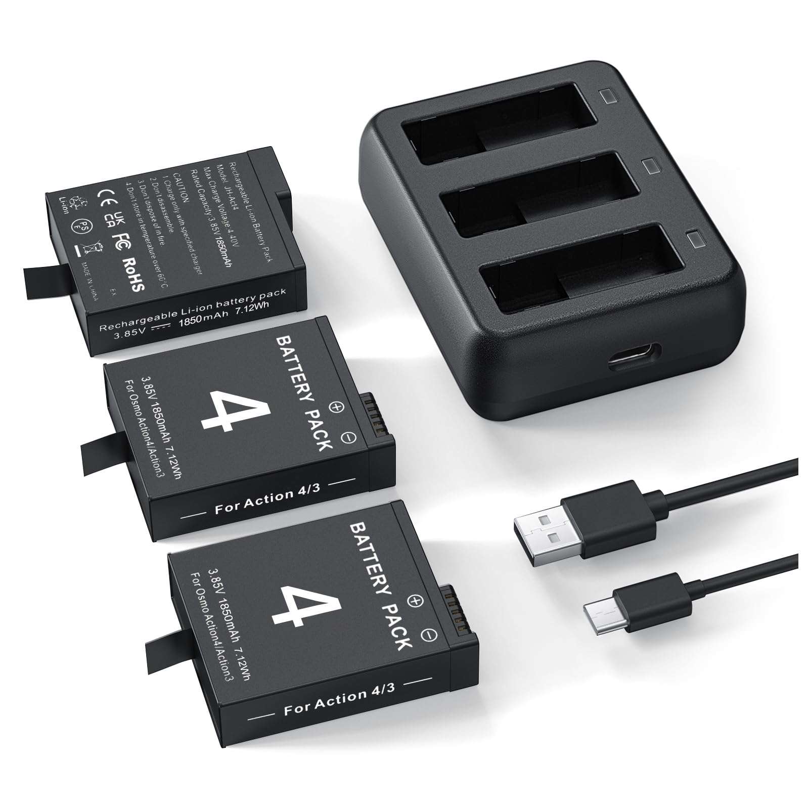 3 Packs Replacement Batteries Compatible with DJI Osmo Action 5pro, Osmo Action 4, Osmo Action 3, 1850mAh Rechargeable Battery, with 3-Channel Battery Charging Base