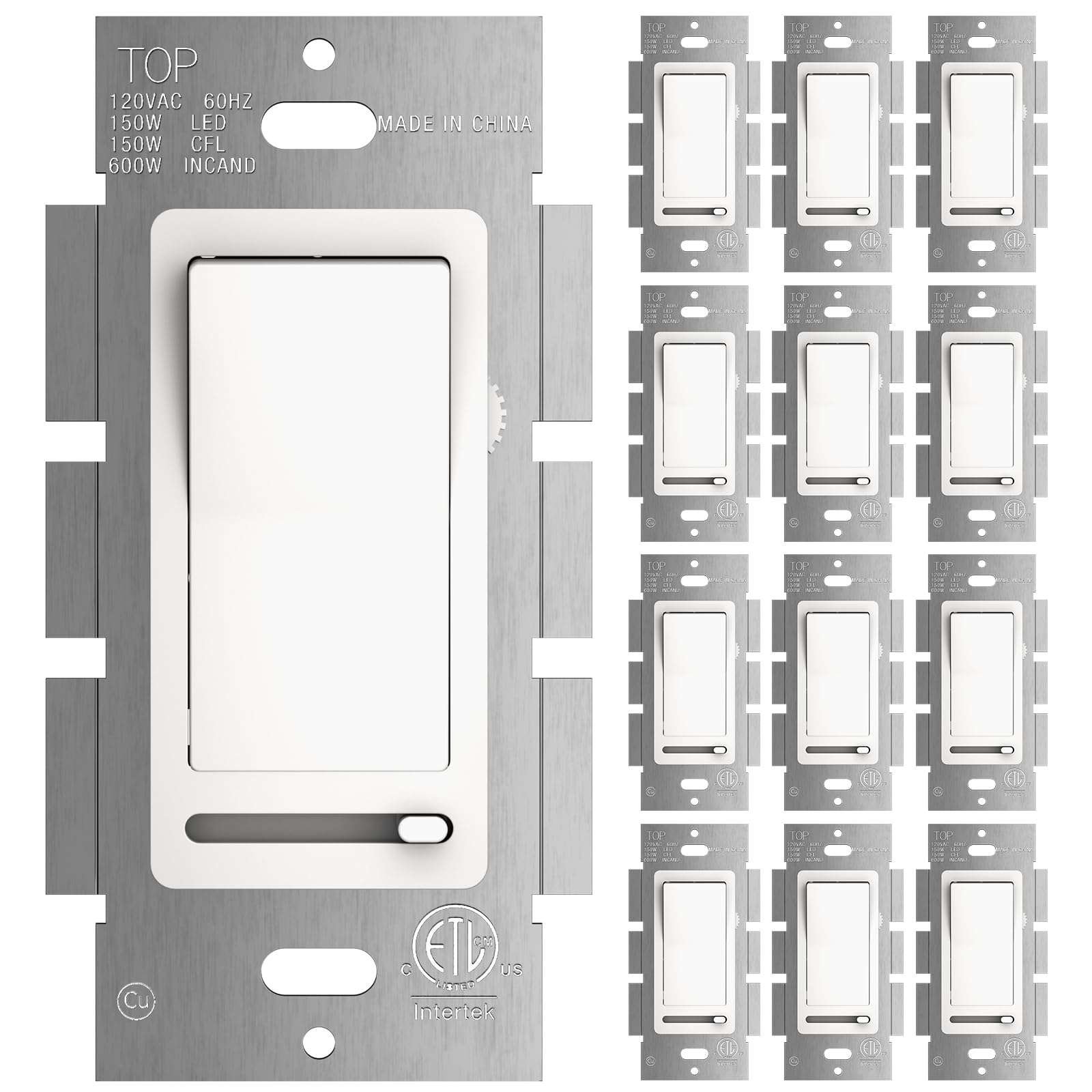 Amico 12 Pack Slide Dimmer Switch, Single-Pole or 3-Way, for Dimmable LED Lights (150W), CFL, Incandescent & Halogen Bulbs (600W), No Wall Plate Included, ETL Listed, White