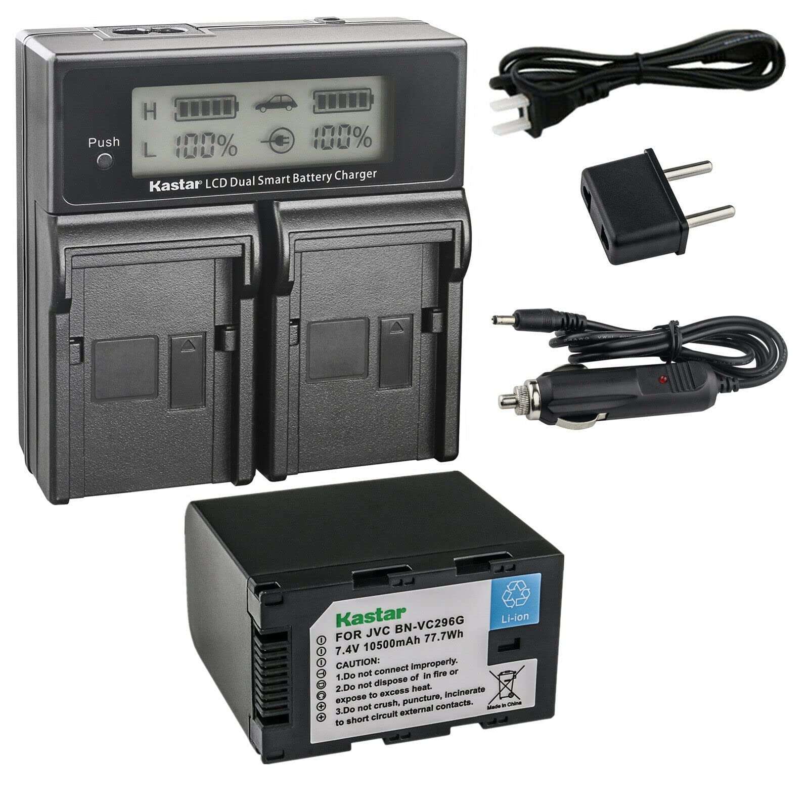 Kastar 1-Pack Battery and AC LCD Dual Fast Charger Compatible with JVC BN-VC264G BN-VC296G Battery, JVC AA-VC20 AA-VC20E AA-VC20U Battery Charger, JVC GY-HC500 Series Camcorder