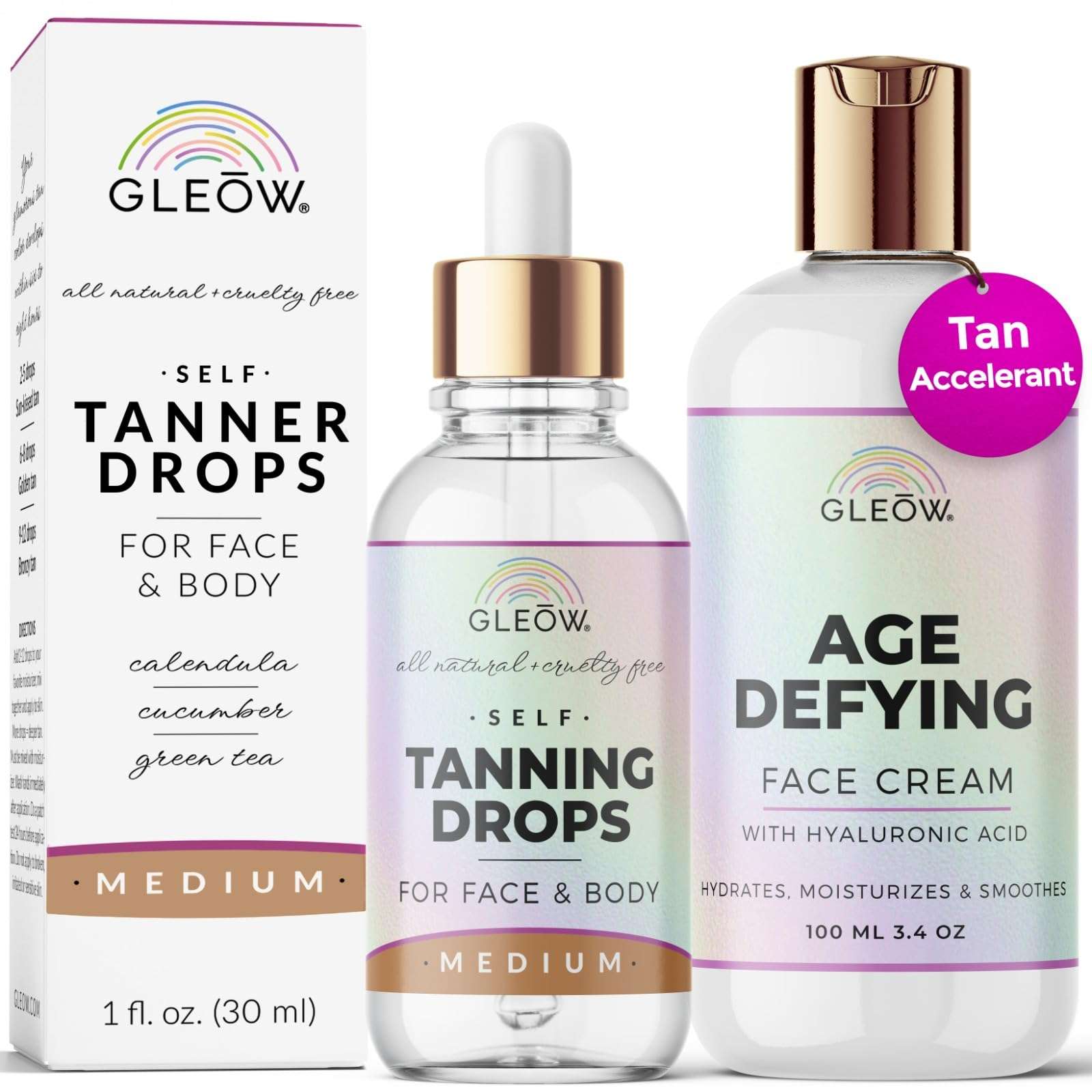 GLEOW Face Tanning Drops to Add to Moisturizer, Face Self Tanner with Revitalizing Cream, Bronzing Drops with Hydrating Cream 1oz+3.4oz