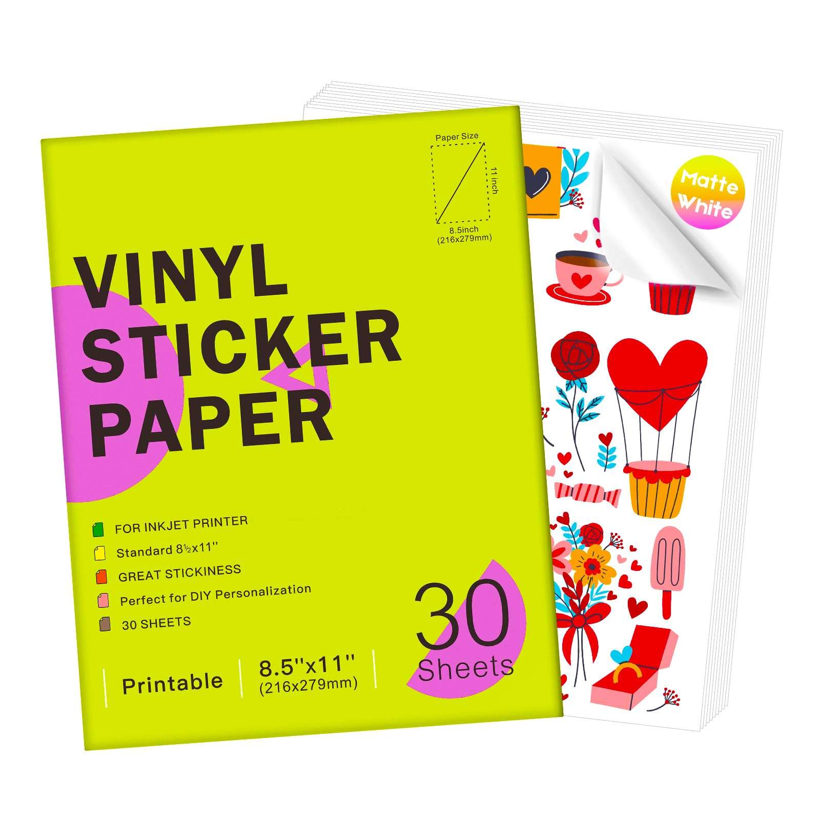 Premium Printable Vinyl Sticker Paper for Inkjet Printer - 30 Sheets White Matte Sticker Paper Waterproof - Durability Adhesive Paper 8.5 x 11, Dries Quickly Vivid Colors,Holds Ink Well