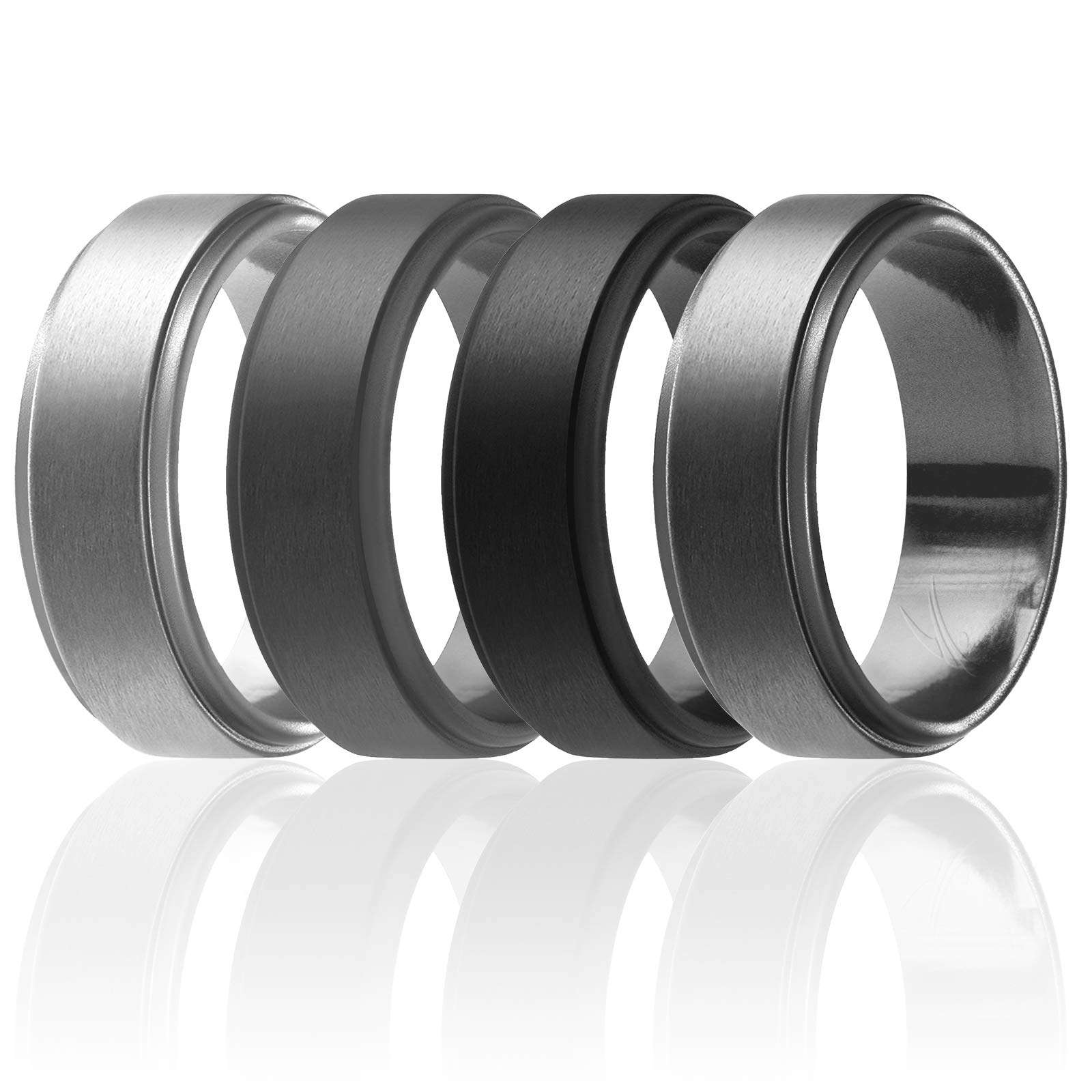 ROQ Silicone Rubber Wedding Ring for Men, Comfort Fit, Men's Wedding Band, Breathable Rubber Engagement Band, 8mm Wide 2mm Thick, Step Edge, 4 Pack, Silver, Grey, Black, Platinum, Size 16