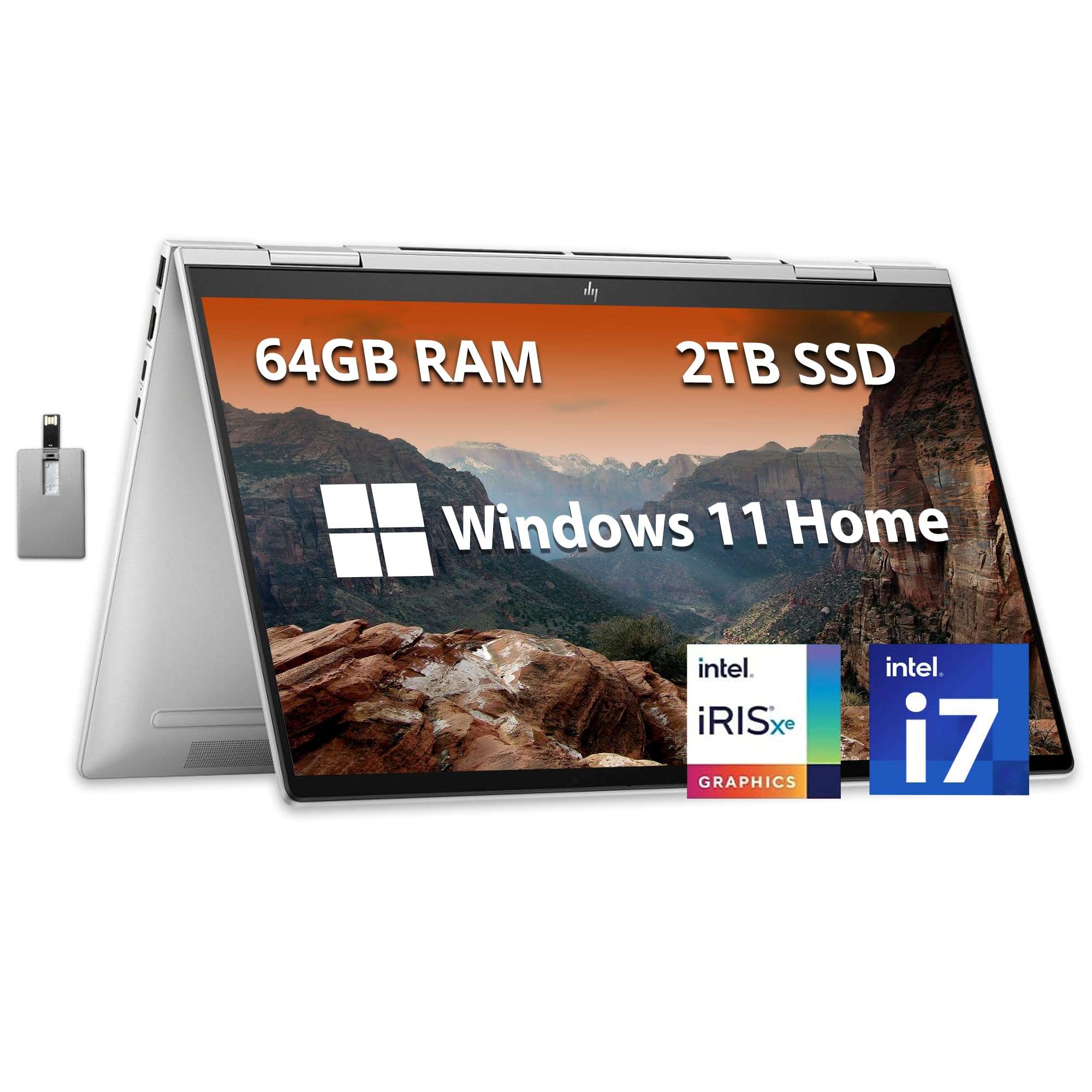 HP Envy x360 2-in-1 15.6" FHD Touchscreen Laptop, Intel Core i7-1355U, 64GB RAM, 2TB SSD, Intel Iris Xe Graphics, Backlit Keyboard, 5MP IR Camera, Wi-Fi 6, Win 11 Home, Silver, 32GB Hotface USB Card