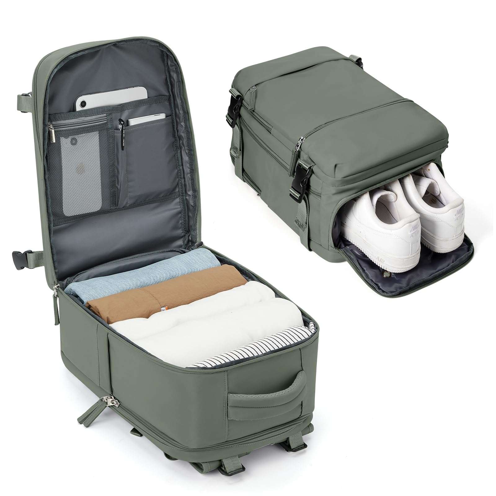 SEAFEW Carry on Travel Backpack for Men Women, Water Resistant Laptop Backpack Personal Item Luggage Daypack for Airplanes, Weekender Overnight Backpack with Shoe Compartment, Mochila de Viaje, Green