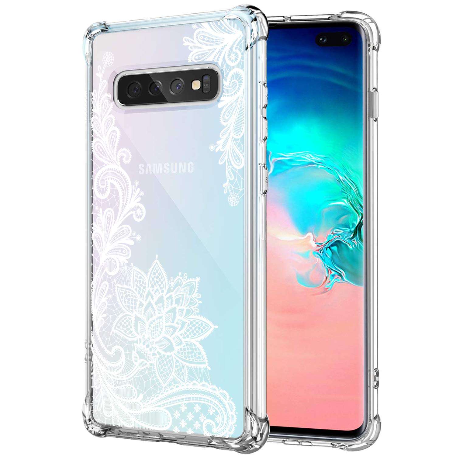 KIOMY Clear Case for Samsung Galaxy S10+ / S10 Plus, Airbag Corners Shockproof Bumper Protective Phone Cover, Hybrid Design Hard PC Back with Flexible TPU Frame Lace Flower Floral Design