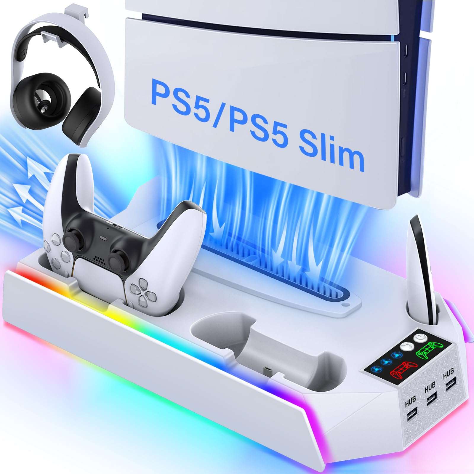 PS5/PS5-Slim-Cooling-Station-with-Controller-Charging-Station for PlayStation 5 Console Disc/Digital, LED RGB Light Cooling Stand with Cooler Fan for PS5 Accessories with 3 USB Hubs/Headset Holder