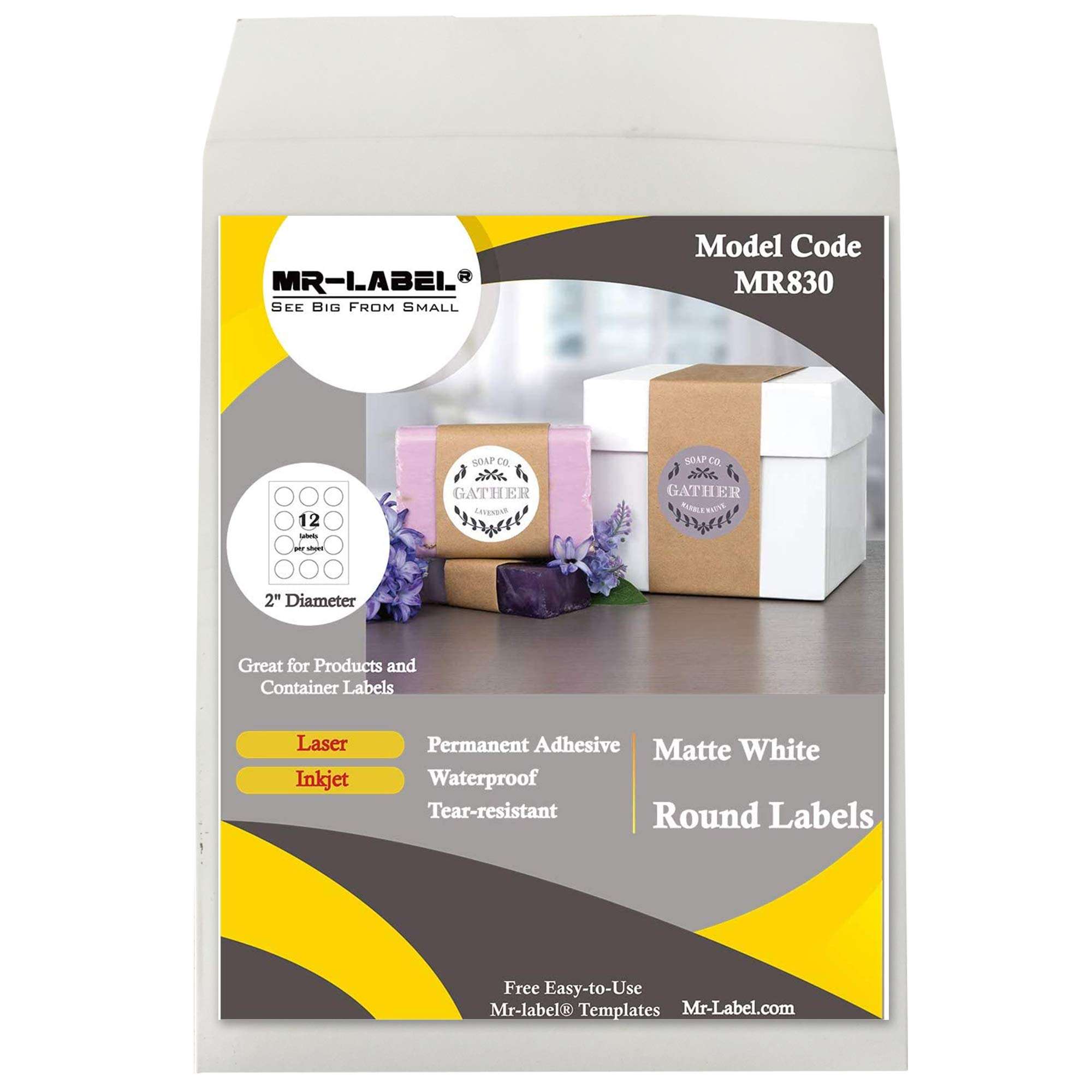 Mr-Label 2" Round White Sticker Label - Waterproof and Tear-Resistant - for Inkjet & Laser Printer - for Food Package | Bottle | Jar | Envelope (50 Sheets Total 600 Labels)