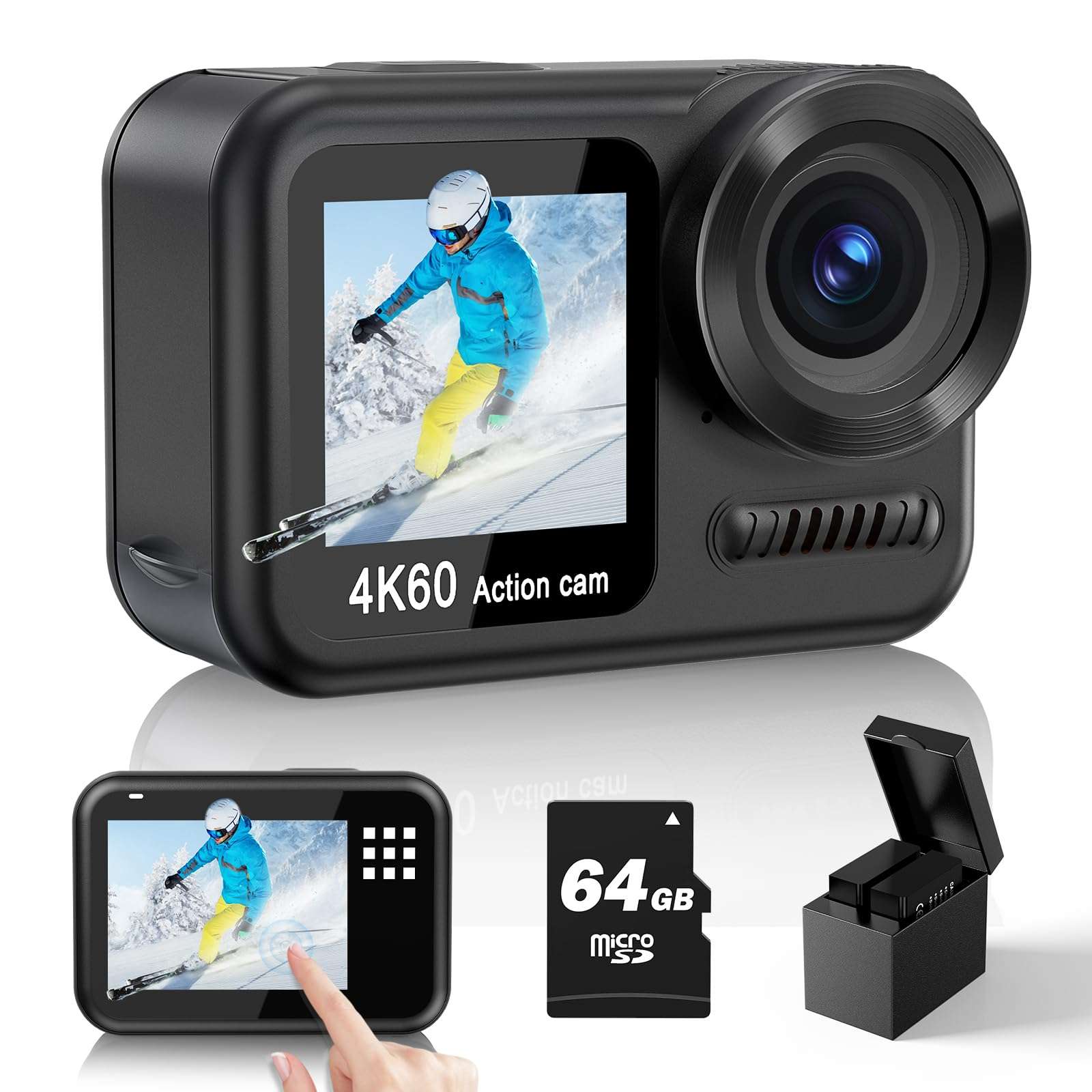 Upgrade 4K60FPS WiFi Action Camera 64MP Waterproof Camera with Touch Rear Screen, 8X Zoom Underwater Camera Snorkeling 65FT No Need a Waterproof Case with 64GB Card, Ideal for Travel Sports Vlog