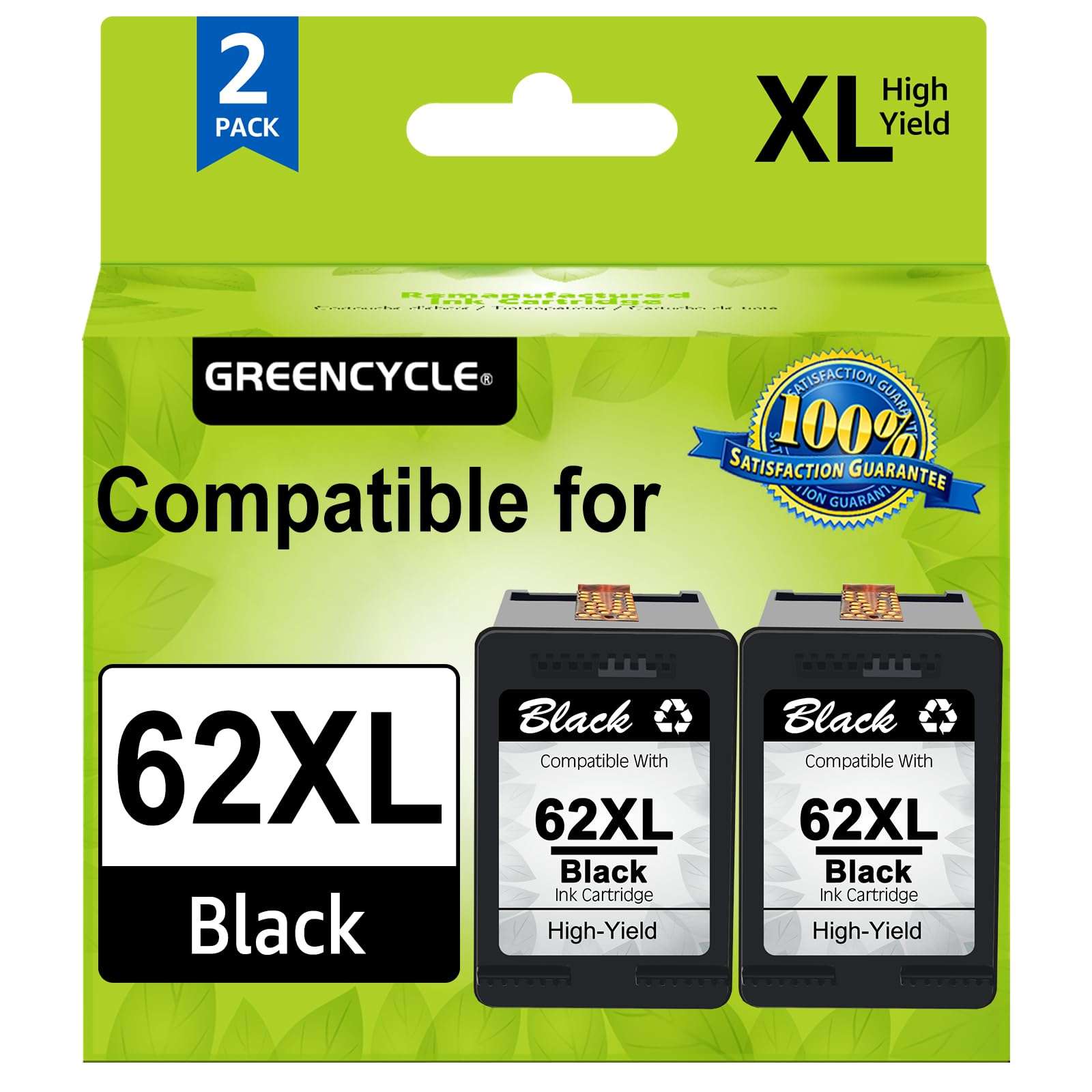GREENCYCLE 62XL Black Ink Cartridge Replacement for HP 62 XL C2P05AN Remanufactured Cartridges Compatible for Envy 5540 5640 5660 7644 7645 OfficeJet 5740 8040 OfficeJet 200 250 Series Printer, 2 Pack