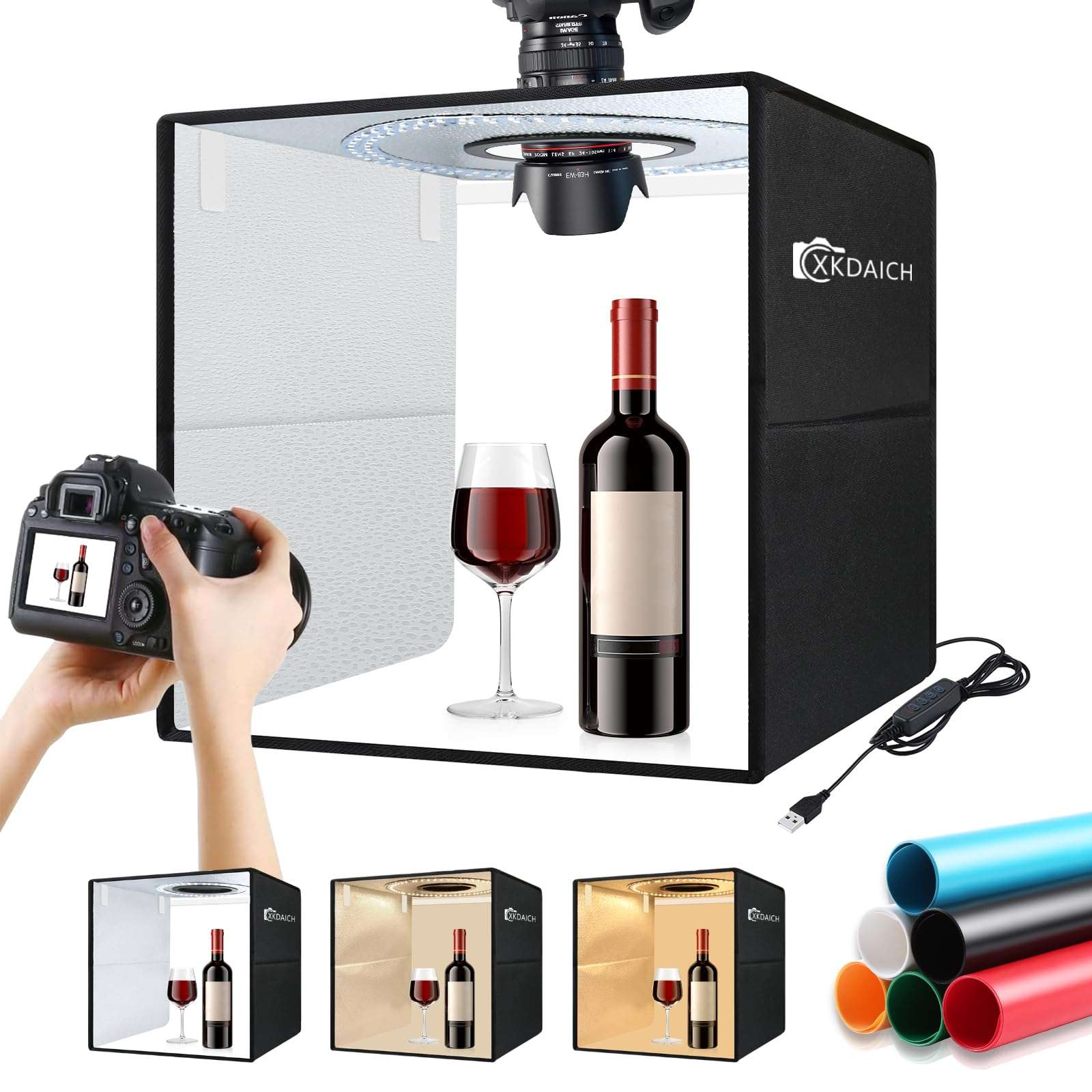 XKDAICH 16x16 Inch Portable Folding Photo Studio Shooting Tent Box with Dimmable Ring Light USB, 3 Color Temperatures & 6 Colors PVC Backdrops for Product Photography, YouTube Videos, Smartphone