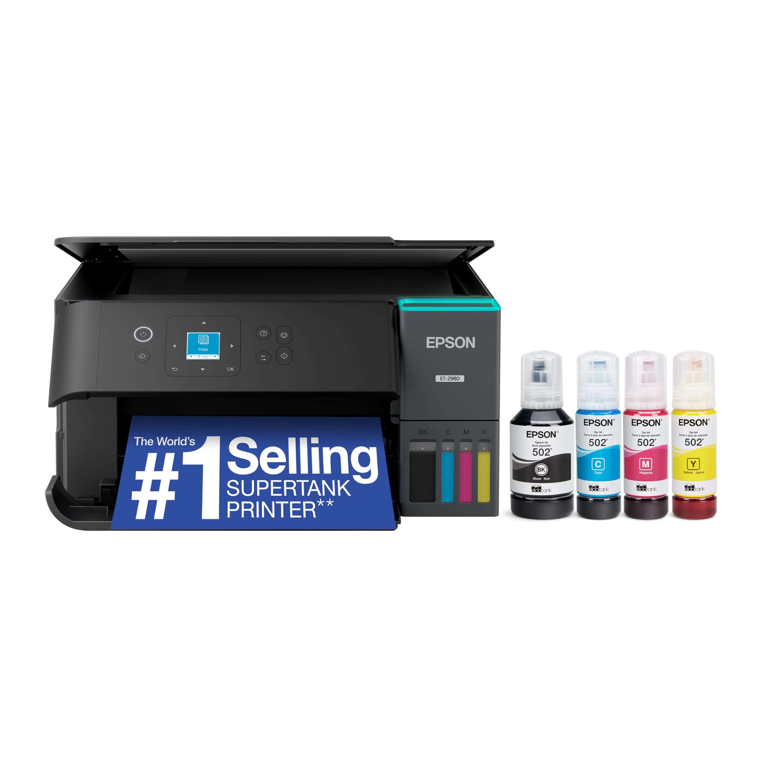 Epson EcoTank ET-2980 Wireless All-in-One Color Supertank Printer with up to 3 Years of Ink, Refillable Tanks, Perfect for Home, 15 PPM, 1.44" Color Screen, Auto 2-Sided Printing - Black