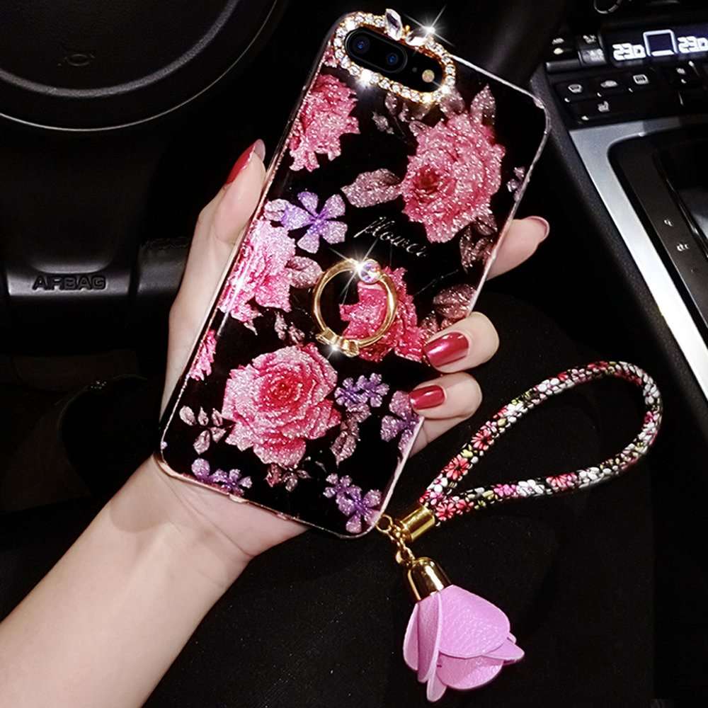 iPhone 8 Plus Case,iPhone 7 Plus Glitter Case,ikasus Bling Rhinestone Diamond Glitter Sparkle Ring Kickstand Roses Pendant Soft Silicone TPU Bumper Protective Cover Case for iPhone 8 Plus / 7 Plus, 1