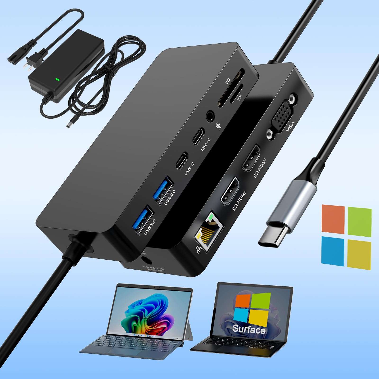 Microsoft Surface Thunderbolt 4 Dock with 100W Power Supply - 12 in 1 Surface Pro Docking Station with Dual HDMI+VGA for Surface Pro 11/10/9/8/X/7+,Surface Laptop, Surface Go - 2 Year Warranty