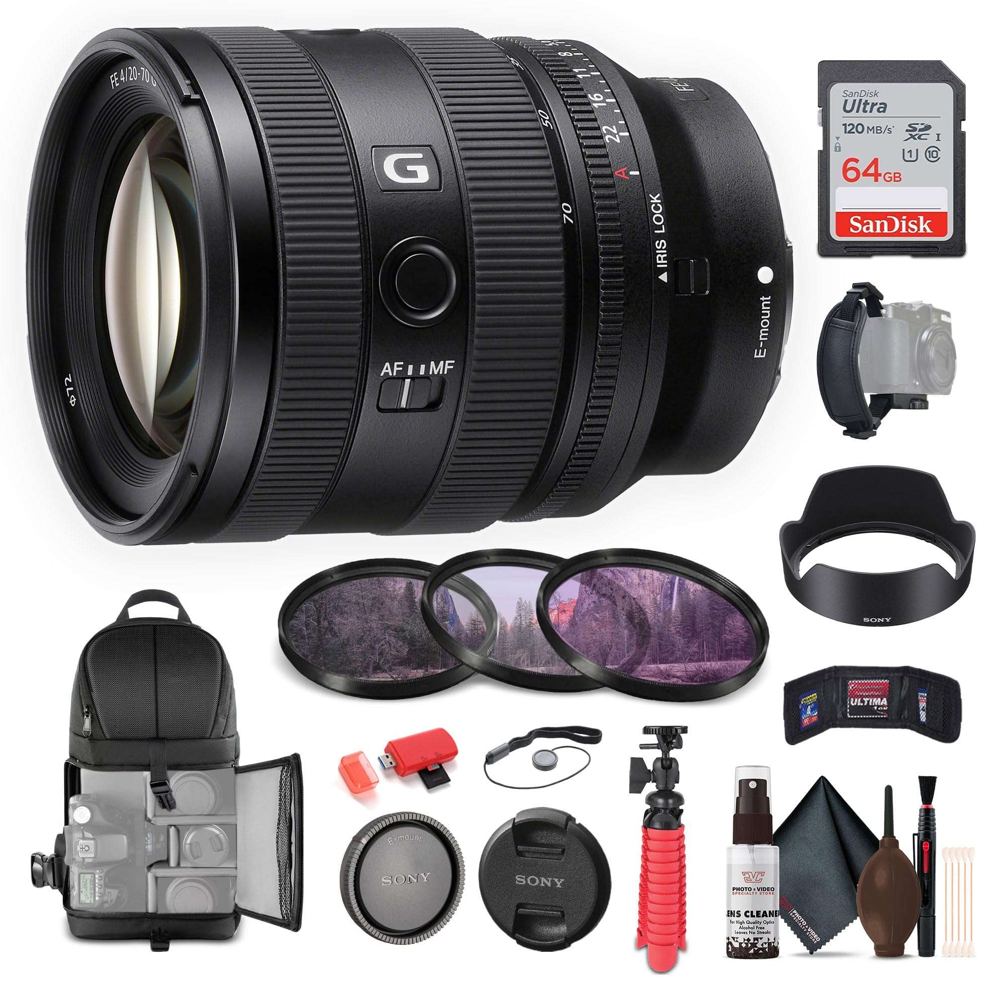 Sony FE 20-70mm f/4 G Lens E Mount (SEL2070G) + 64GB Memory Card + Filter Kit + Backpack + Flexible Tripod + Cap Keeper + Cleaning Kit + Memory Card Wallet + Card Reader + Hand Grip Strap
