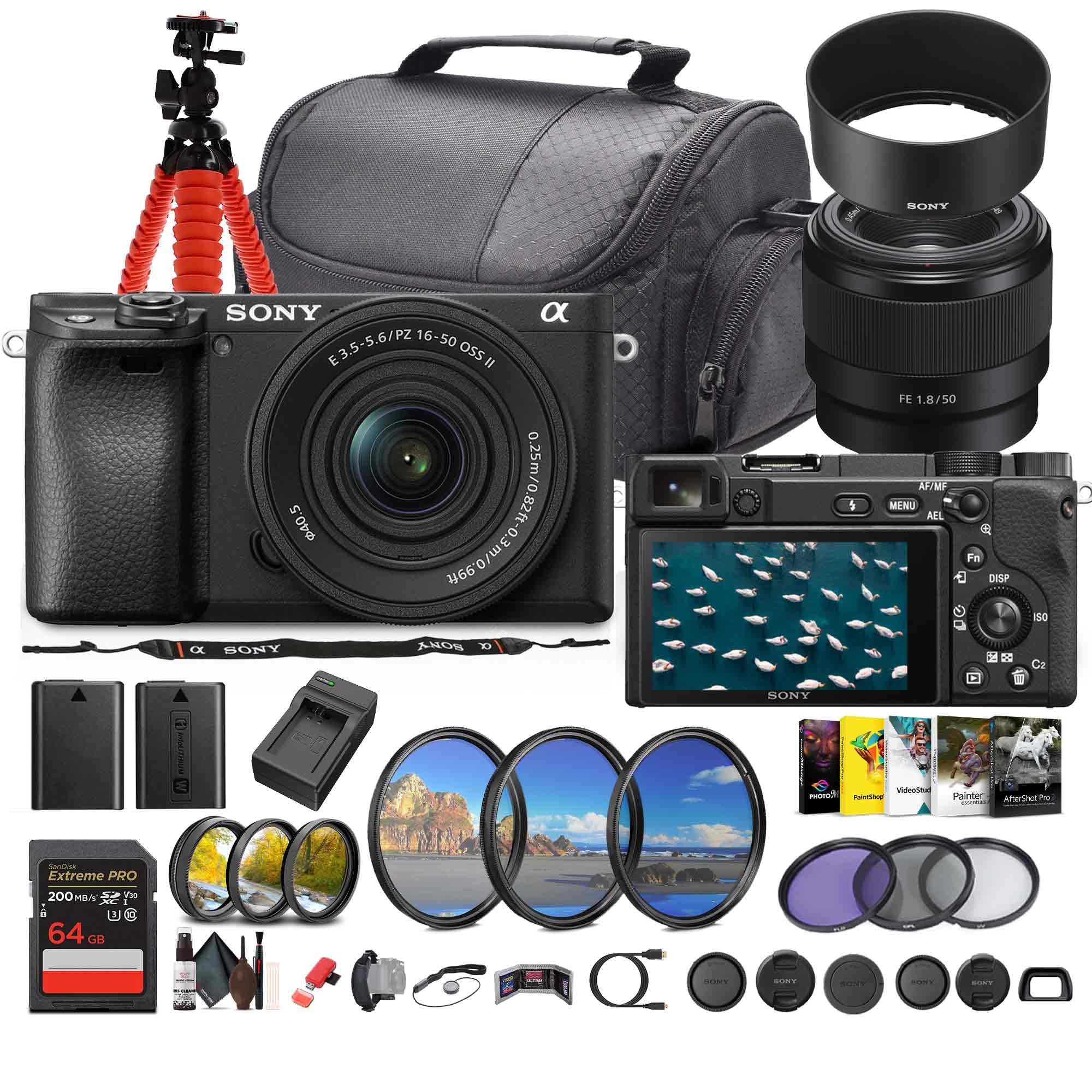 Sony a6400 Mirrorless Camera with 16-50mm f/3.5-5.6 II Lens (Black) (ILCE6400KB) + Sony FE 50mm Lens + Photo Software + 64GB Memory Card + NP-FW50 Battery + Camera Bag + Charger + More