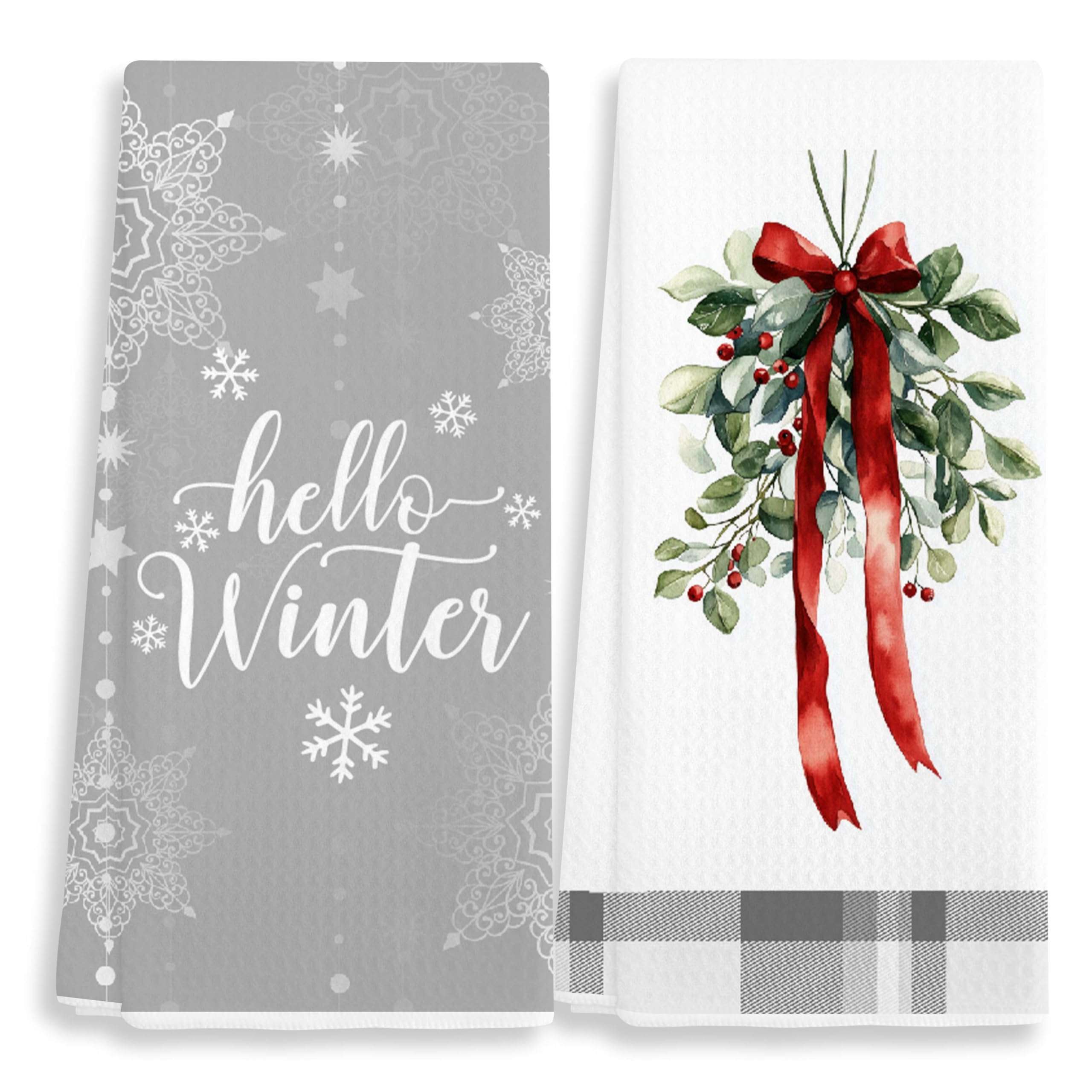 EJGFS Winter Decorative Kitchen Towels Set of 2, ‘Hello Winter’ Dish Towels, Winter Decorations, Christmas Ornaments, Hand Towels, 16x24 Inches, for Family, Friends, etc.(033)