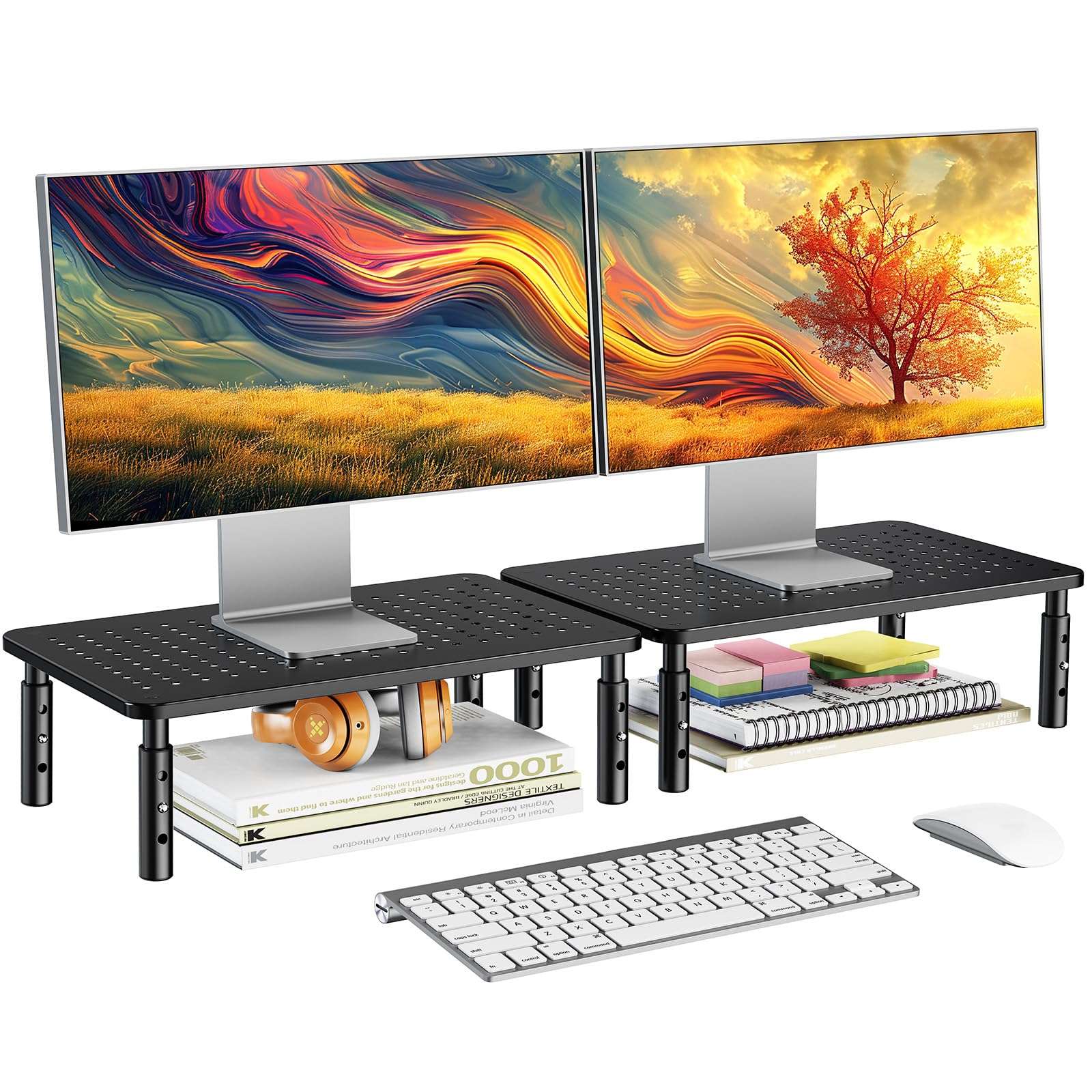 HUANUO Monitor Stand for Desk, Computer Monitor Stand Height Adjustable, Monitor Riser for 2 Monitors, Laptop Stand for Desk, 2 Pack, Black