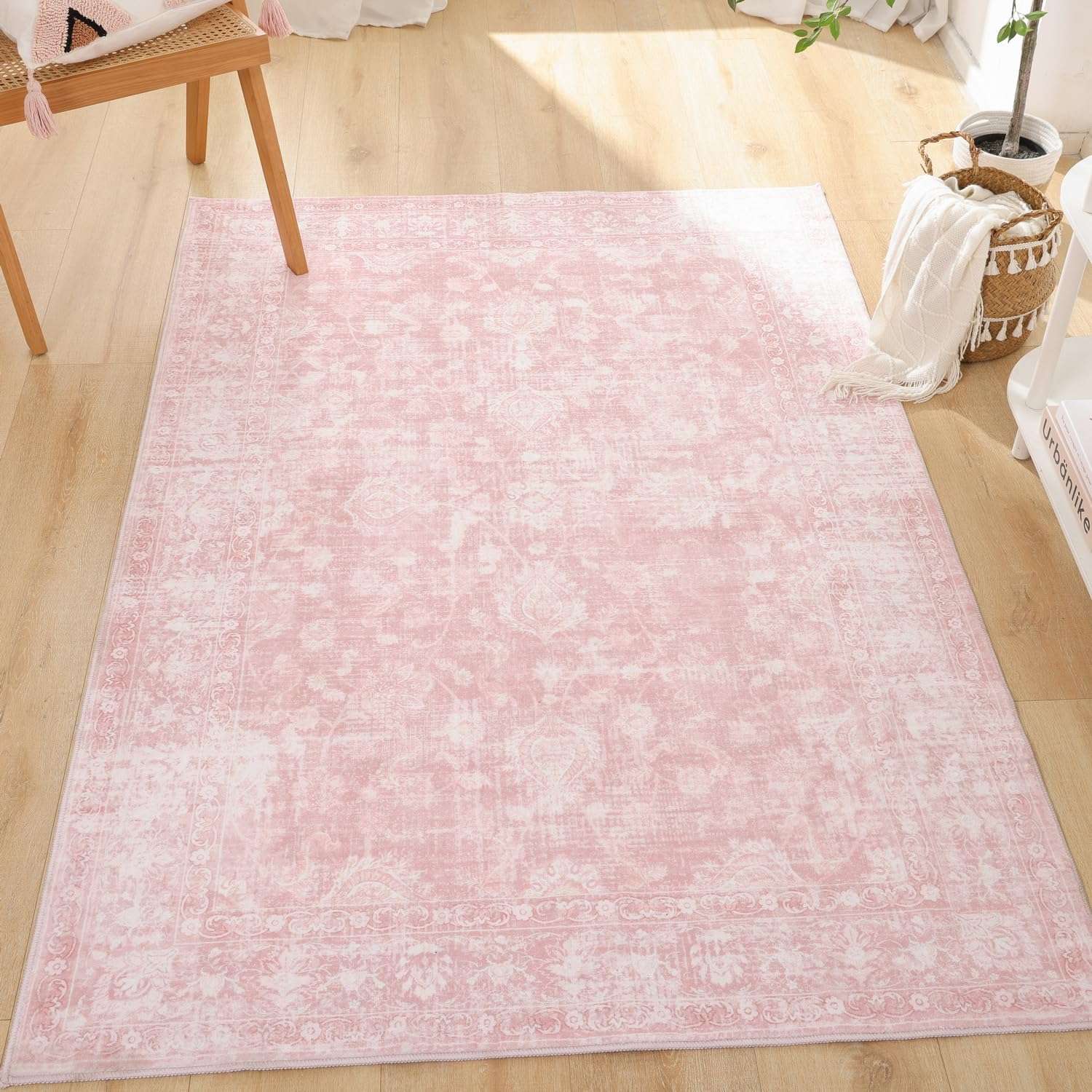 FROZZUR Boho Pink Area Rug 3x5 Washable Vintage Rug for Bedroom Kitchen Dining Room, Non Slip Distressed Entryway Rugs for Home Office Decor Pink