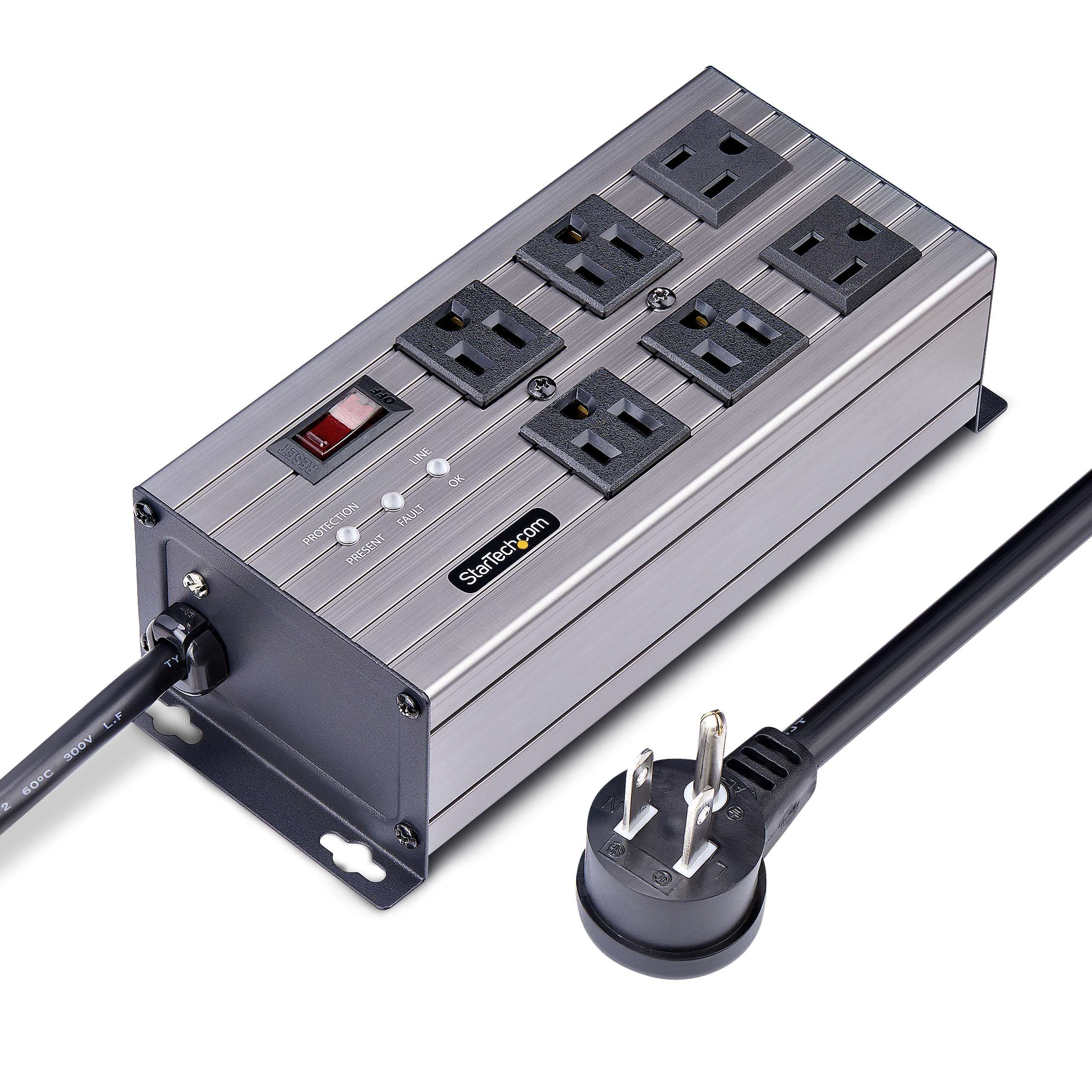 StarTech.com Flat Plug 6-Outlet Heavy Duty Industrial Power Strip 125V/15A with Surge Protector, EMI/RFI Isolation, Mountable PDU, 8ft/2.4m Extension Power Cord, NEMA 5-15P/R, TAA