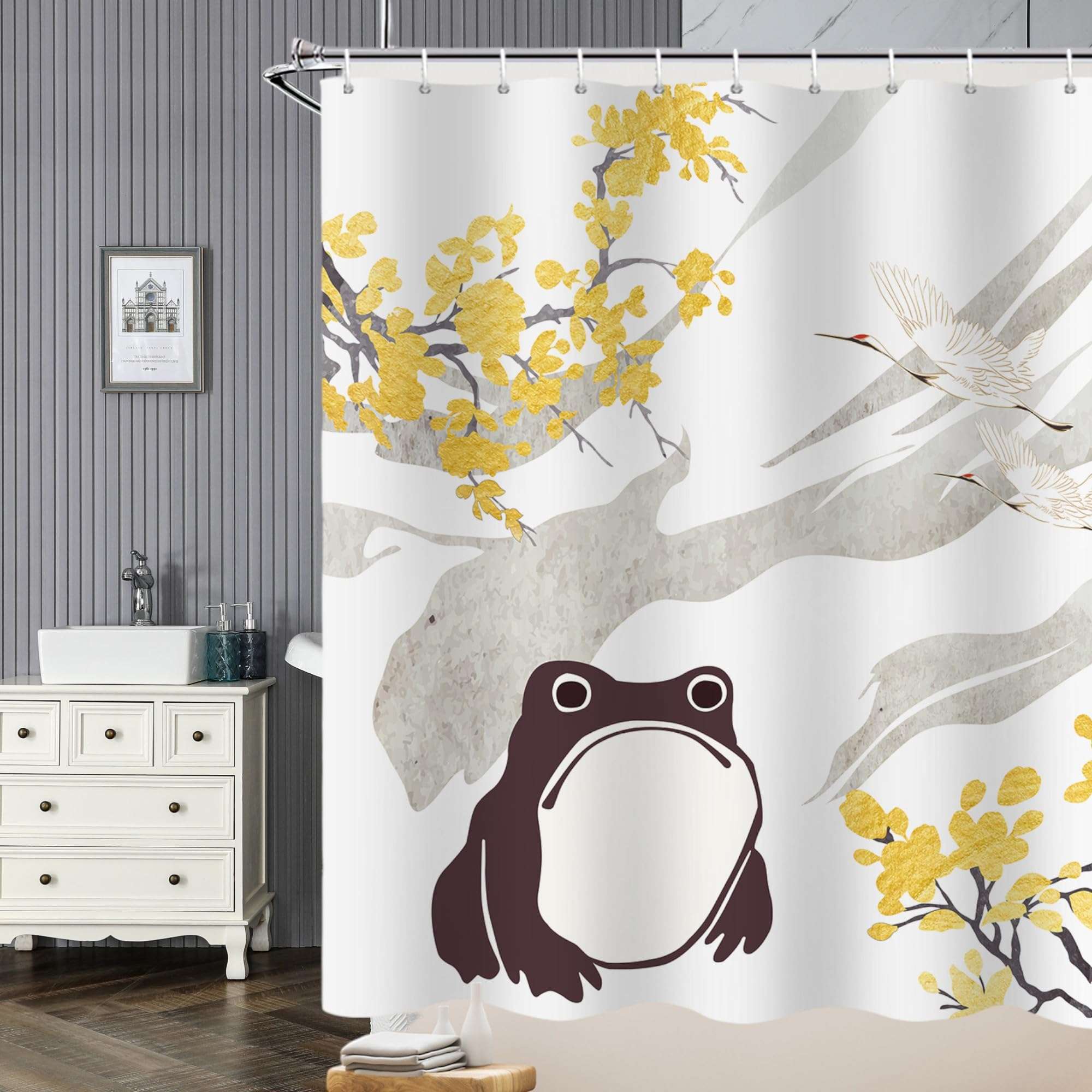 GBYcLyw Stall Funny Shower Curtain Unimpressed Frog Japanese Style Shower Curtain Sets Anime Art Cute Bath Curtain Waterproof Fabric Asian Curtain for Bathroom 60x72 inches