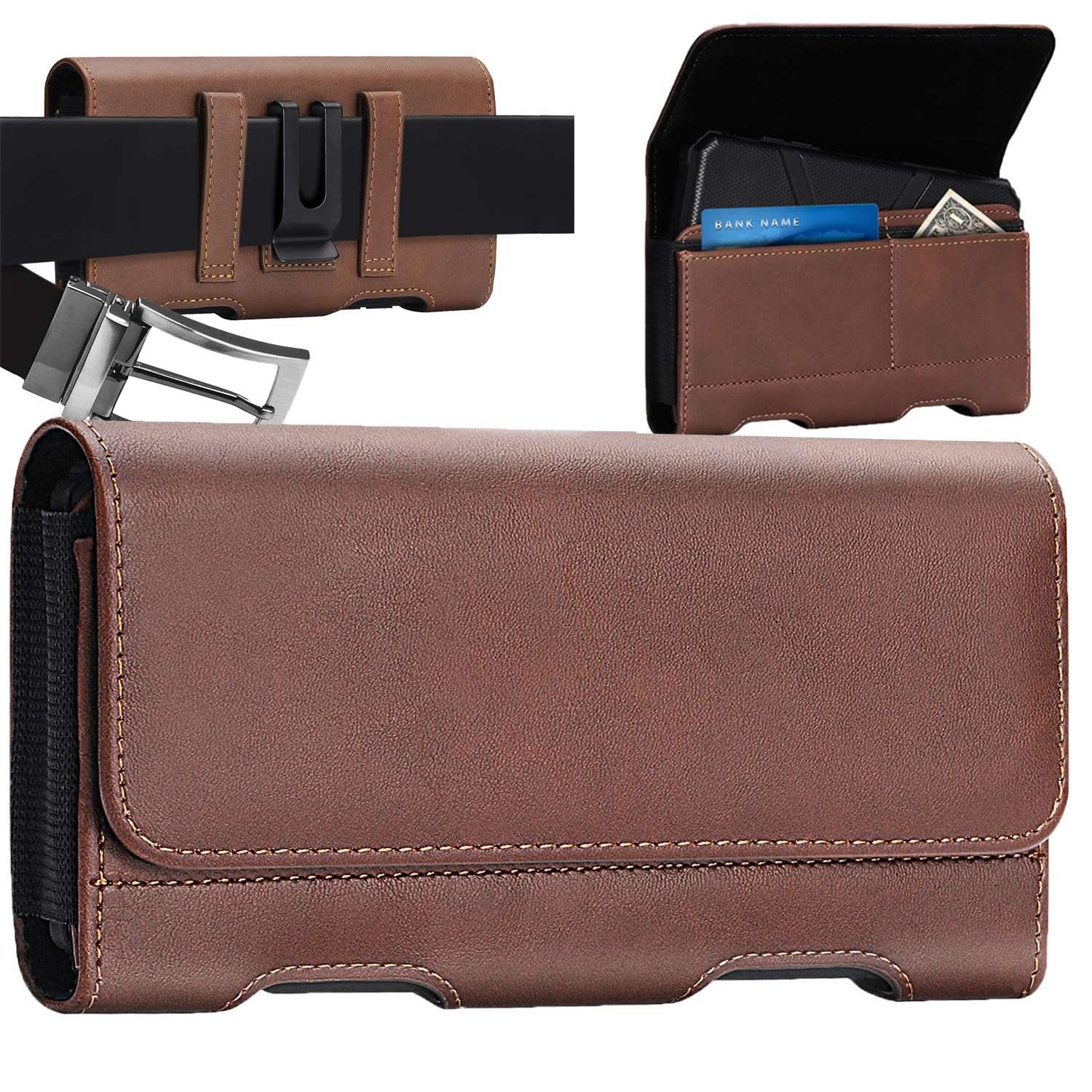 Mopaclle Phone Holster for Samsung Galaxy S24+S23+ S22+ A12 A13 A12 A32 A02 A03 A50 A73 A53 A33, iPhone 15 Pro Max 14 Pro Max XS Max Leather Belt Clip Loops Phone Pouch Card Holder Case,Brwon