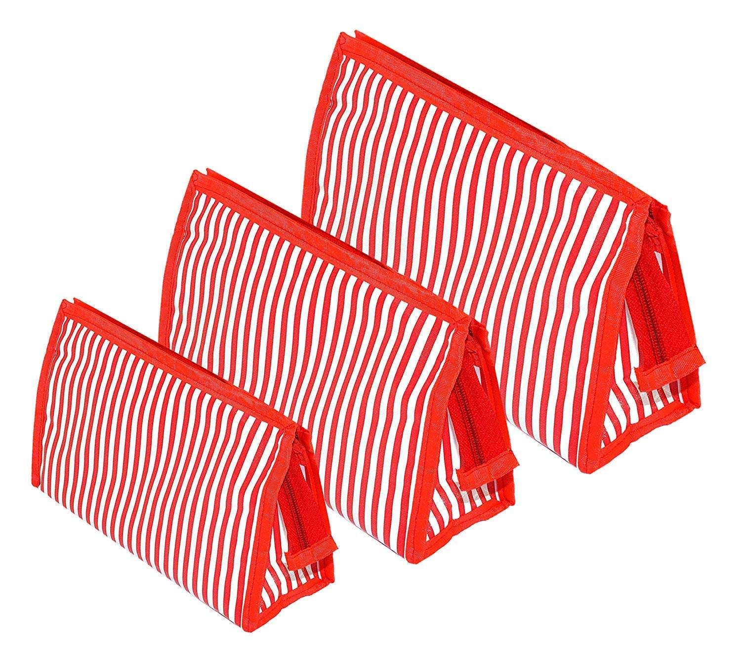 VIHAAN™ Multipurpose Makeup Cosmetic Shaving Toiletry Travel Kit Pouch Bag for Men and Women (red Stripes-Pack of 3)