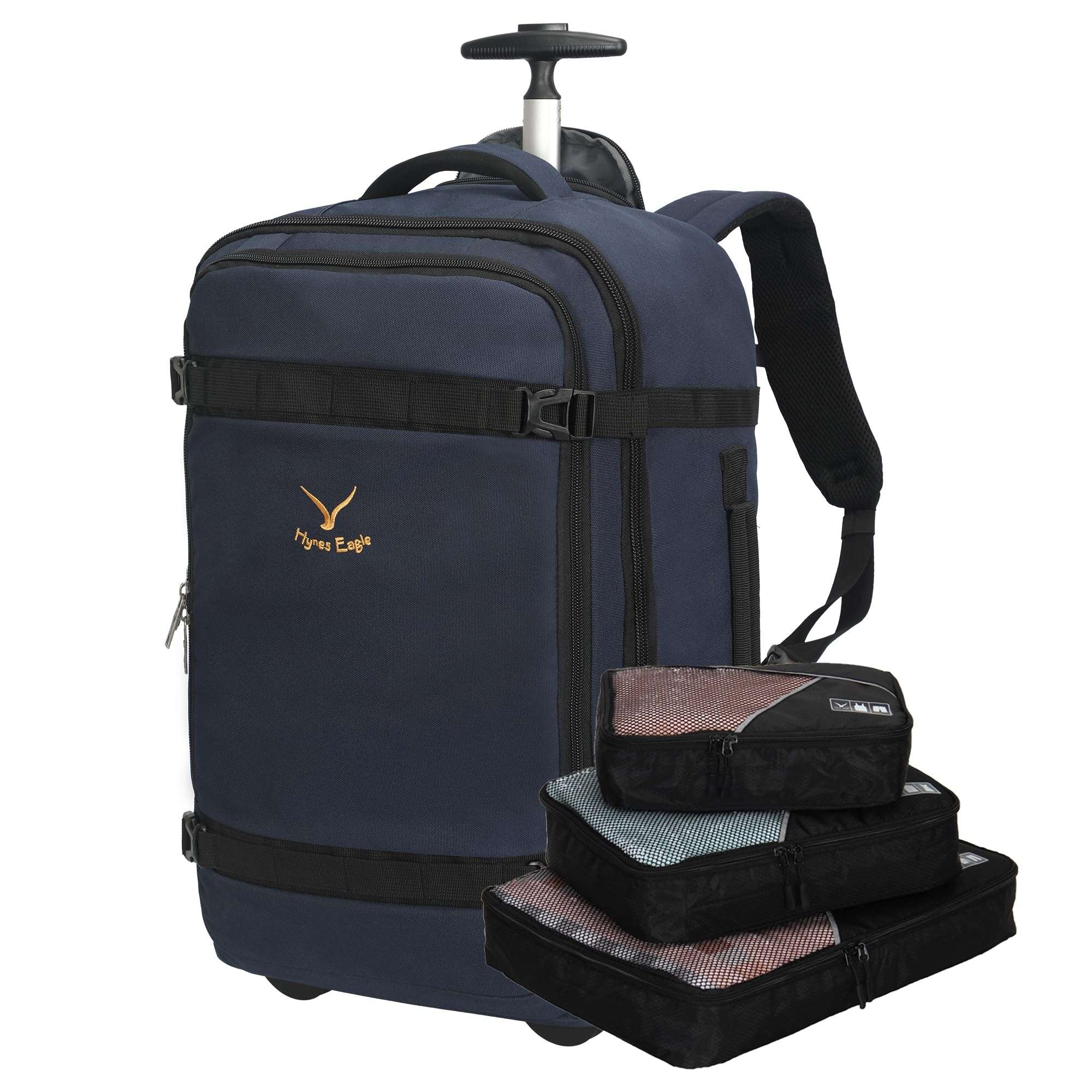 Hynes Eagle 42L Rolling Backpack Wheeled Backpack Flight Approved Travel Backpack Carry on Luggage Dark Blue with 3PCS Packing Cubes Set Black