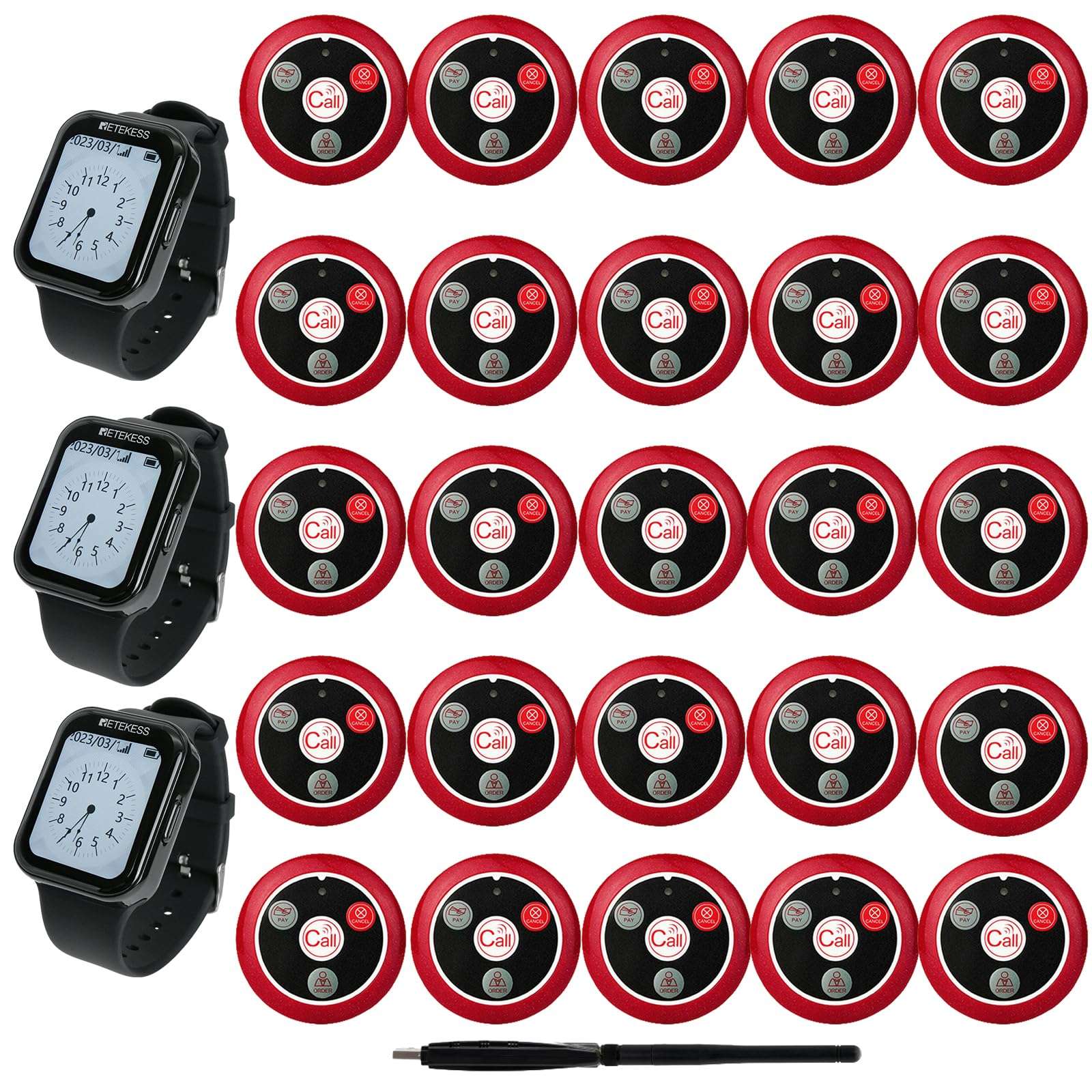 Retekess TD113 Waitress Pager System,Wireless Calling System, IPX67 Waterproof, Touch Screen, 3 Receivers 25 4-Key Call Buttons 1 USB for Restaurant, Waiter